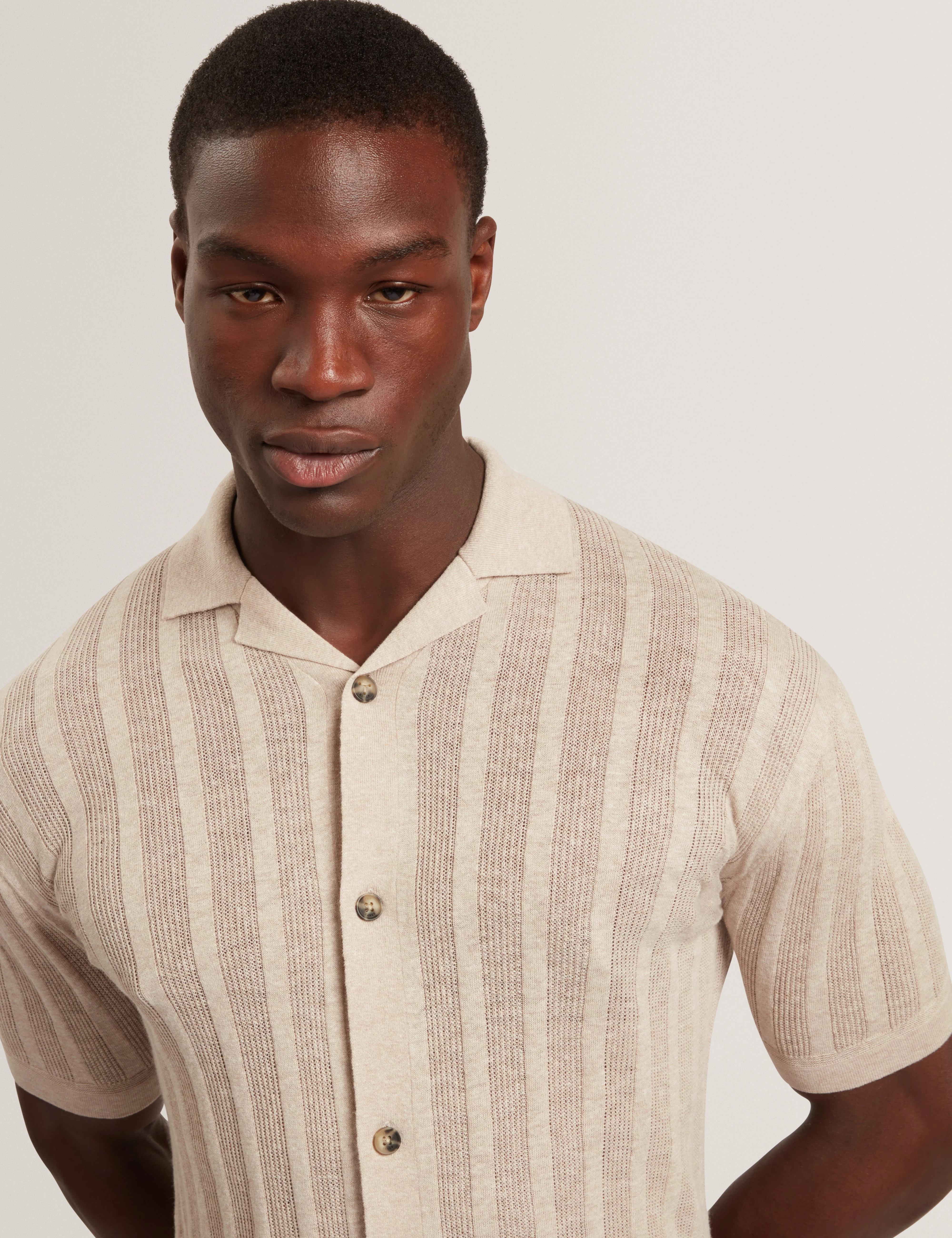 Edio Short Sleeve Stitch Interest Revere Collar Polo Ecru - Image 4