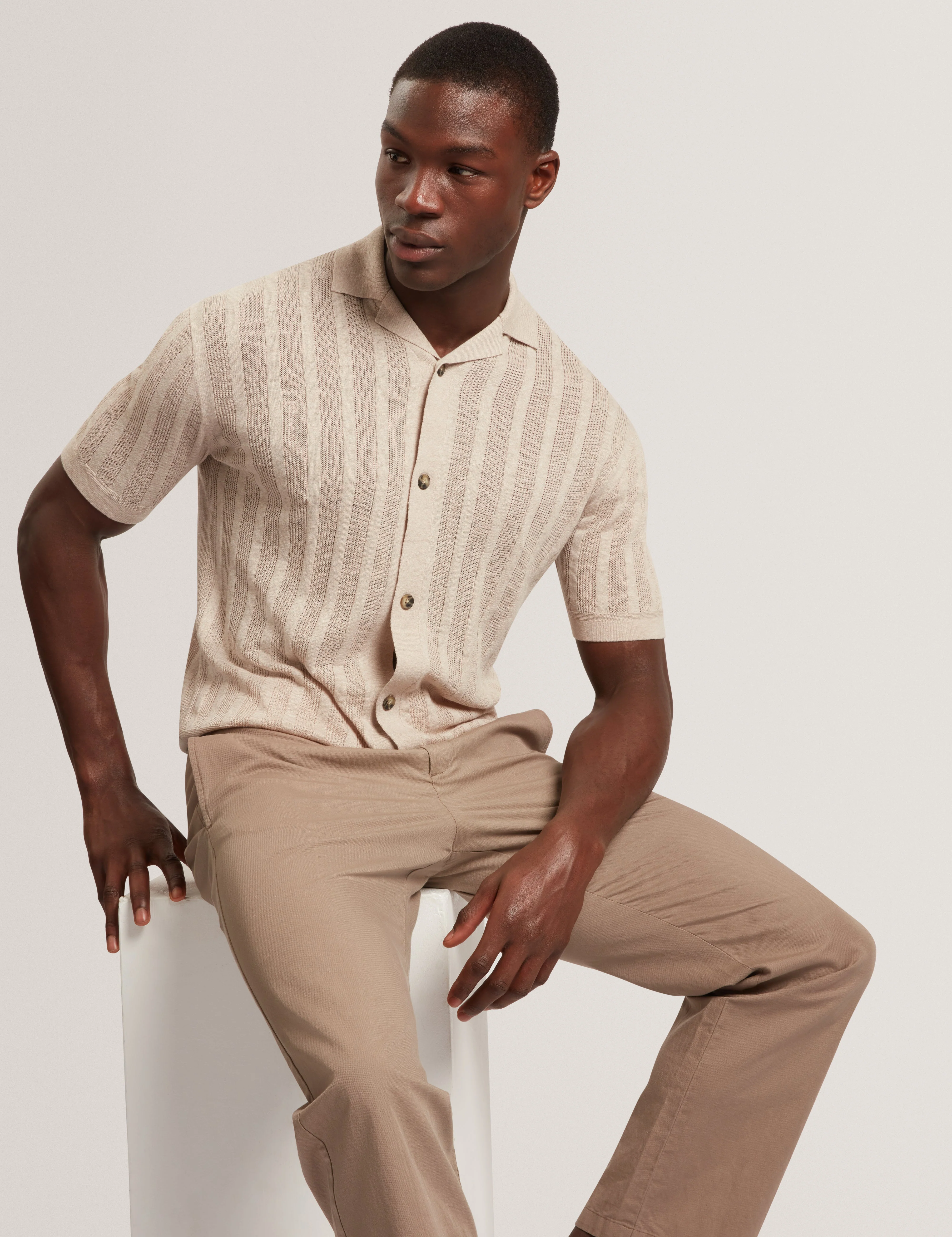 Edio Short Sleeve Stitch Interest Revere Collar Polo Ecru - Image 6