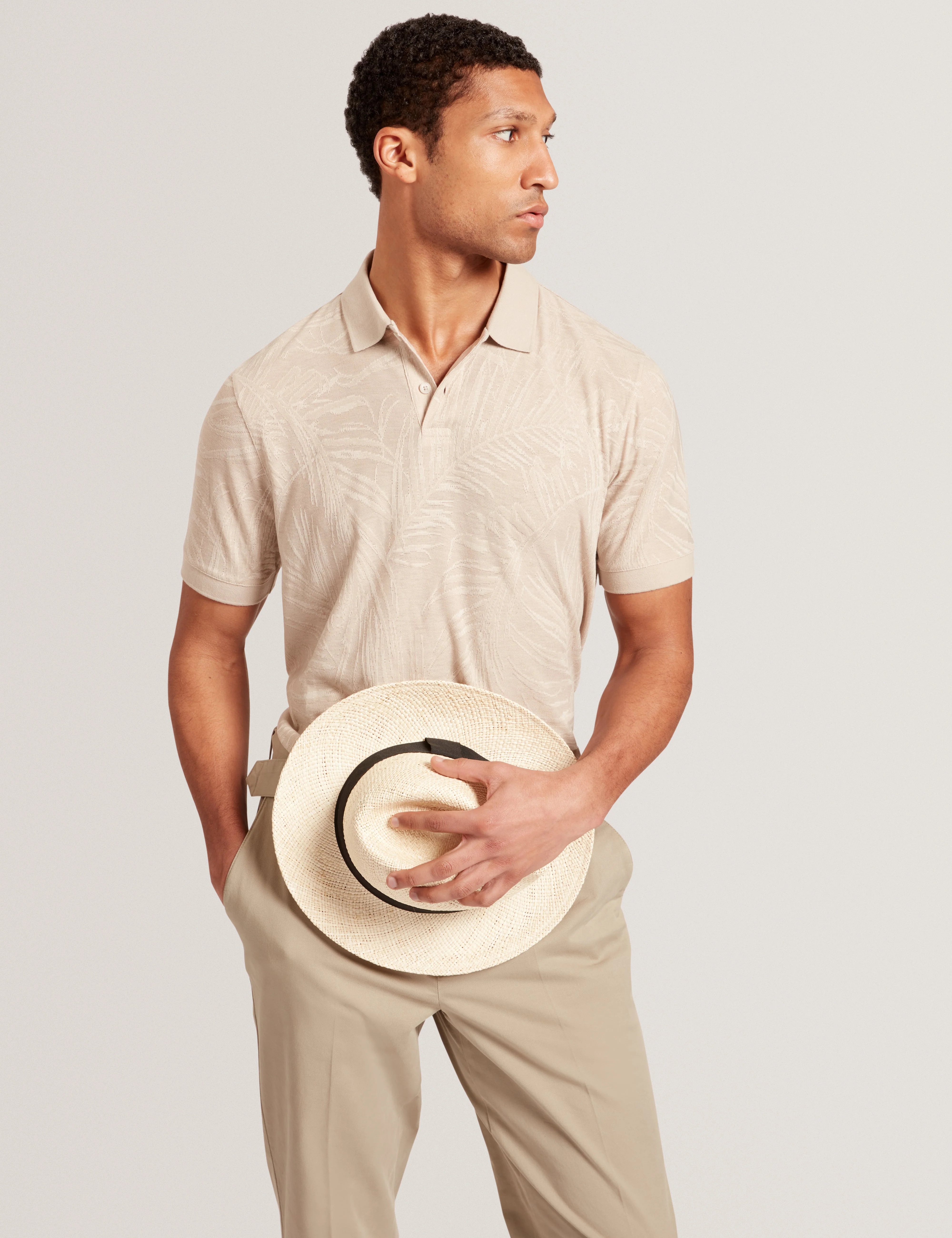Edwine Short Sleeve Regular Jacquard Leaf Polo Beige - Image 4