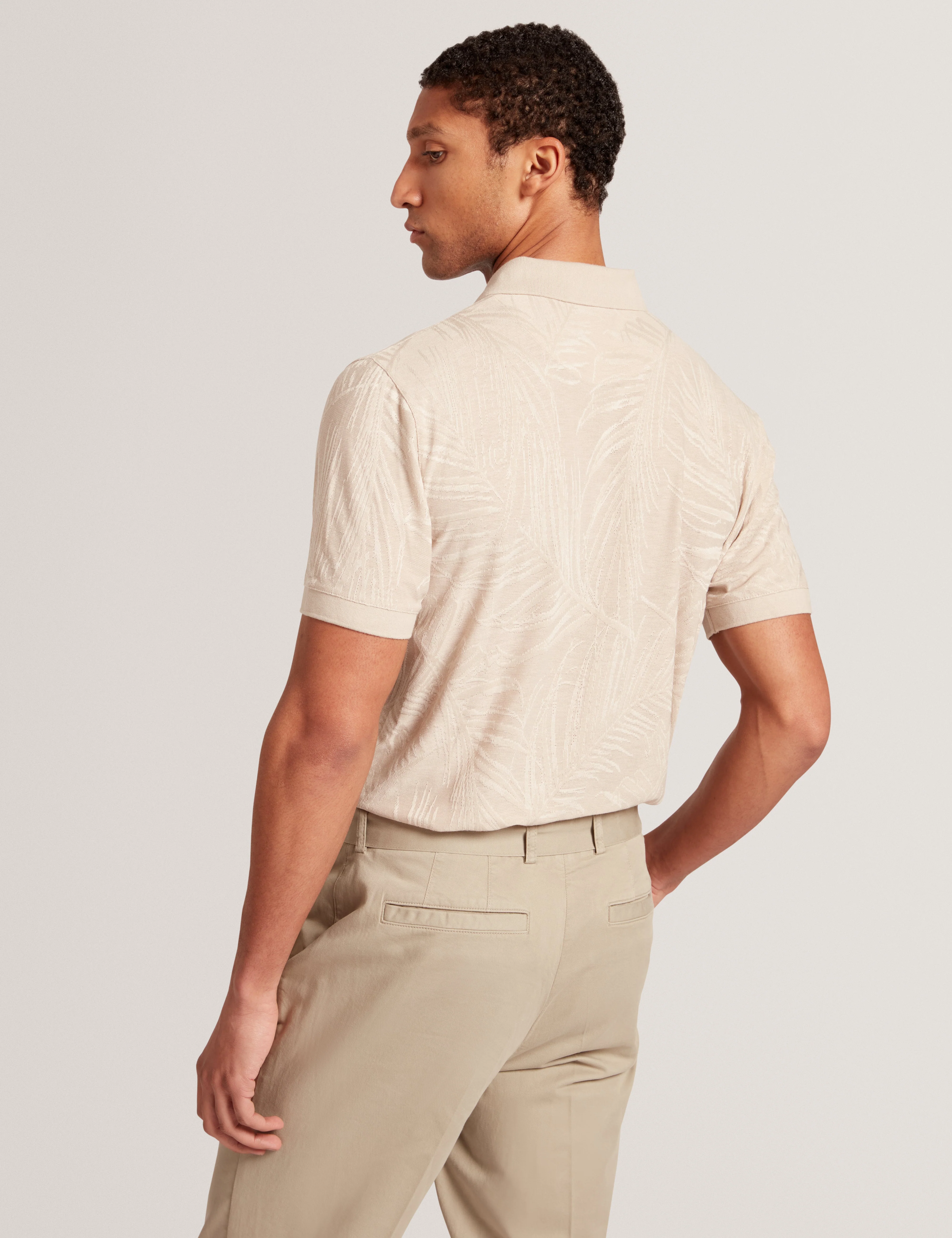 Edwine Short Sleeve Regular Jacquard Leaf Polo Beige - Image 5