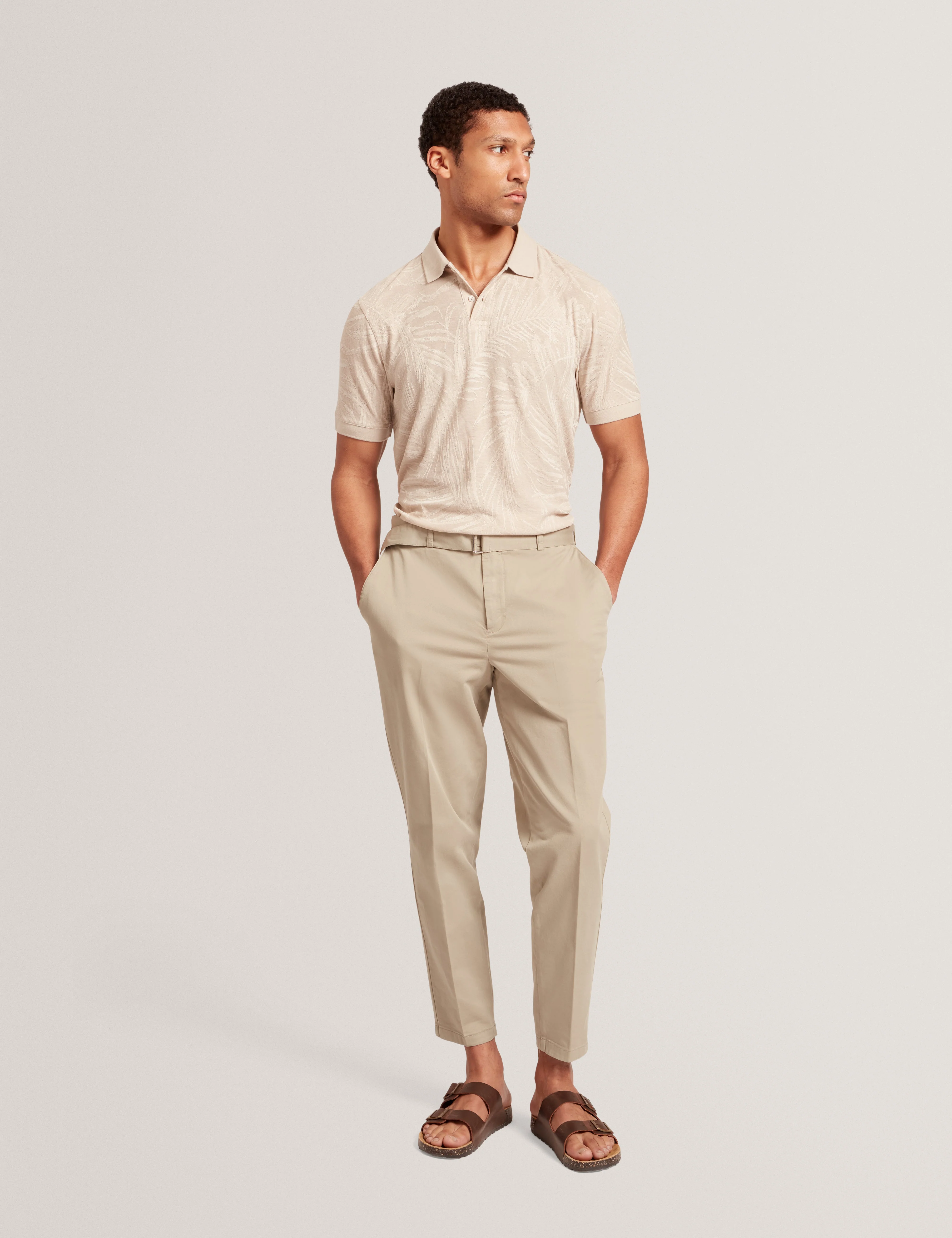 Edwine Short Sleeve Regular Jacquard Leaf Polo Beige - Image 6