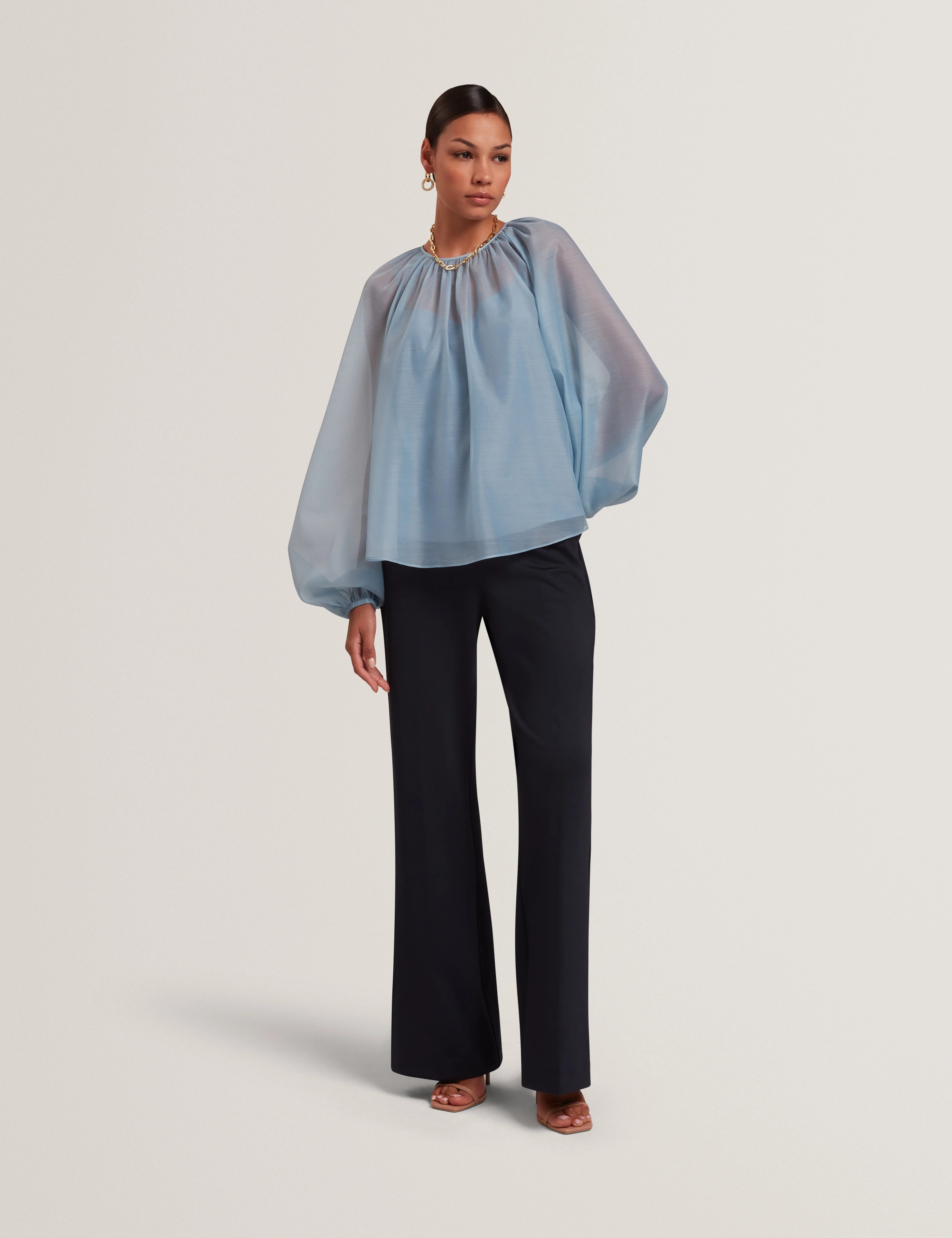 Eelana Organza Puff Sleeve Blouse Lt-Blue - Image 2