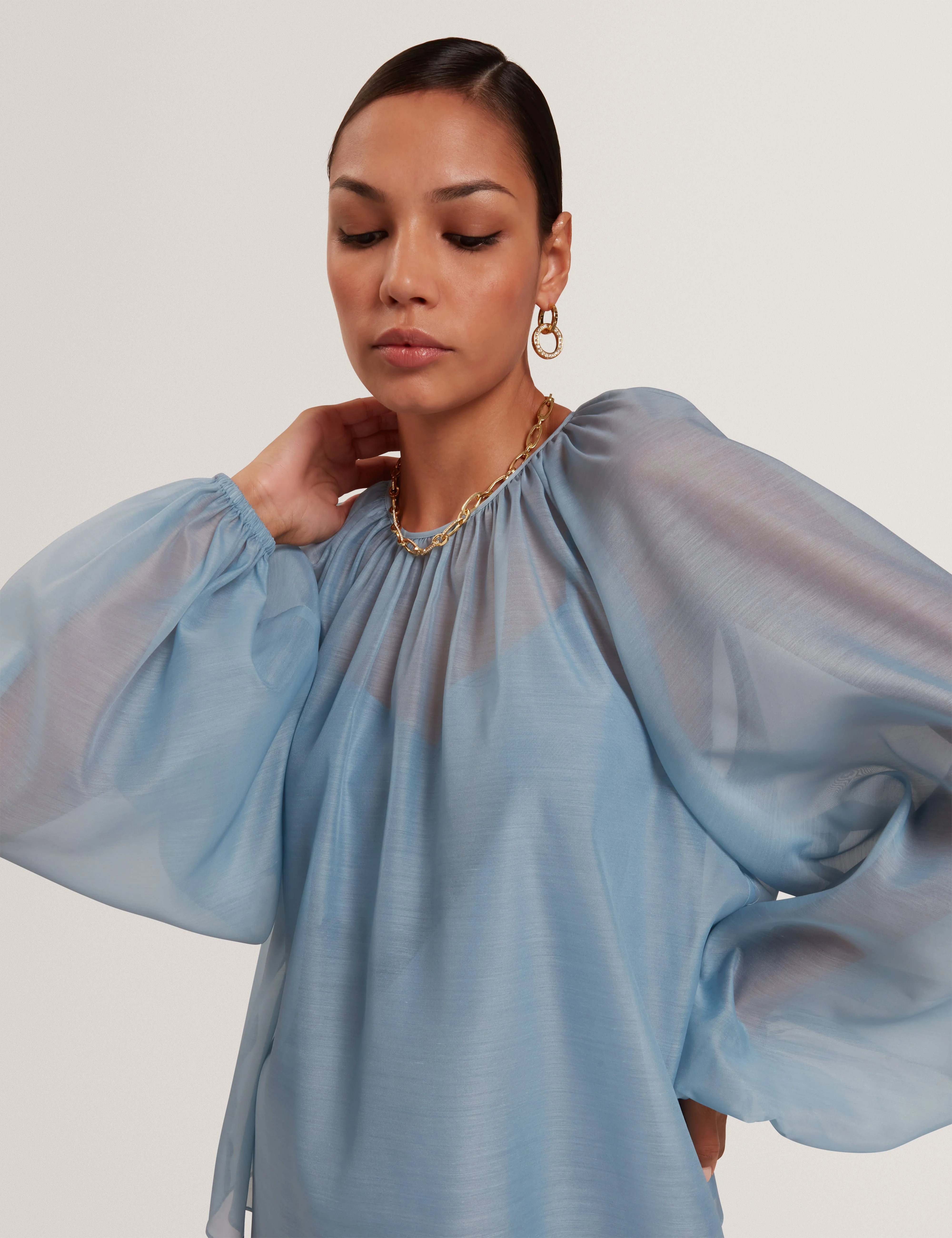 Eelana Organza Puff Sleeve Blouse Lt-Blue - Image 4
