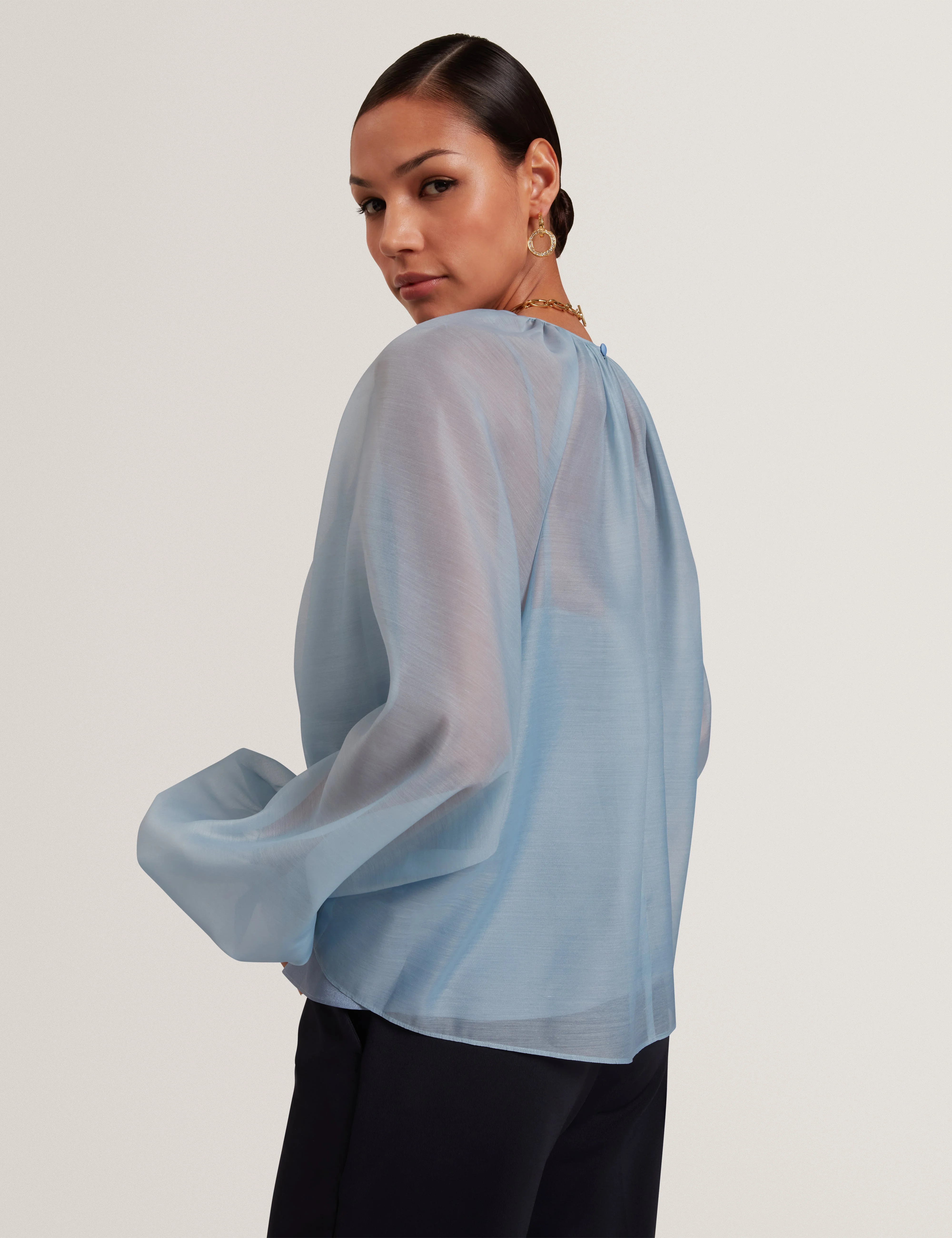 Eelana Organza Puff Sleeve Blouse Lt-Blue - Image 5