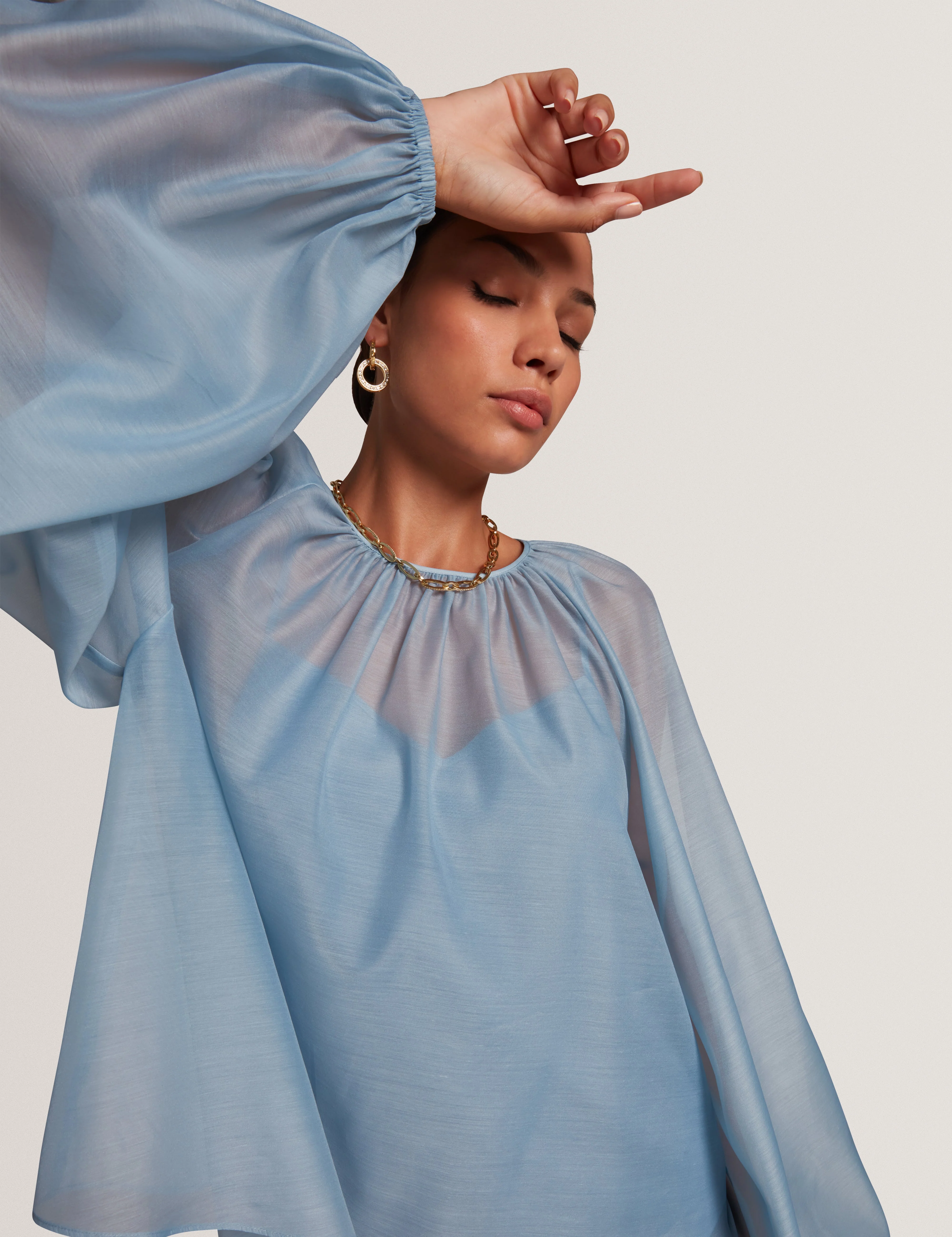 Eelana Organza Puff Sleeve Blouse Lt-Blue - Image 6