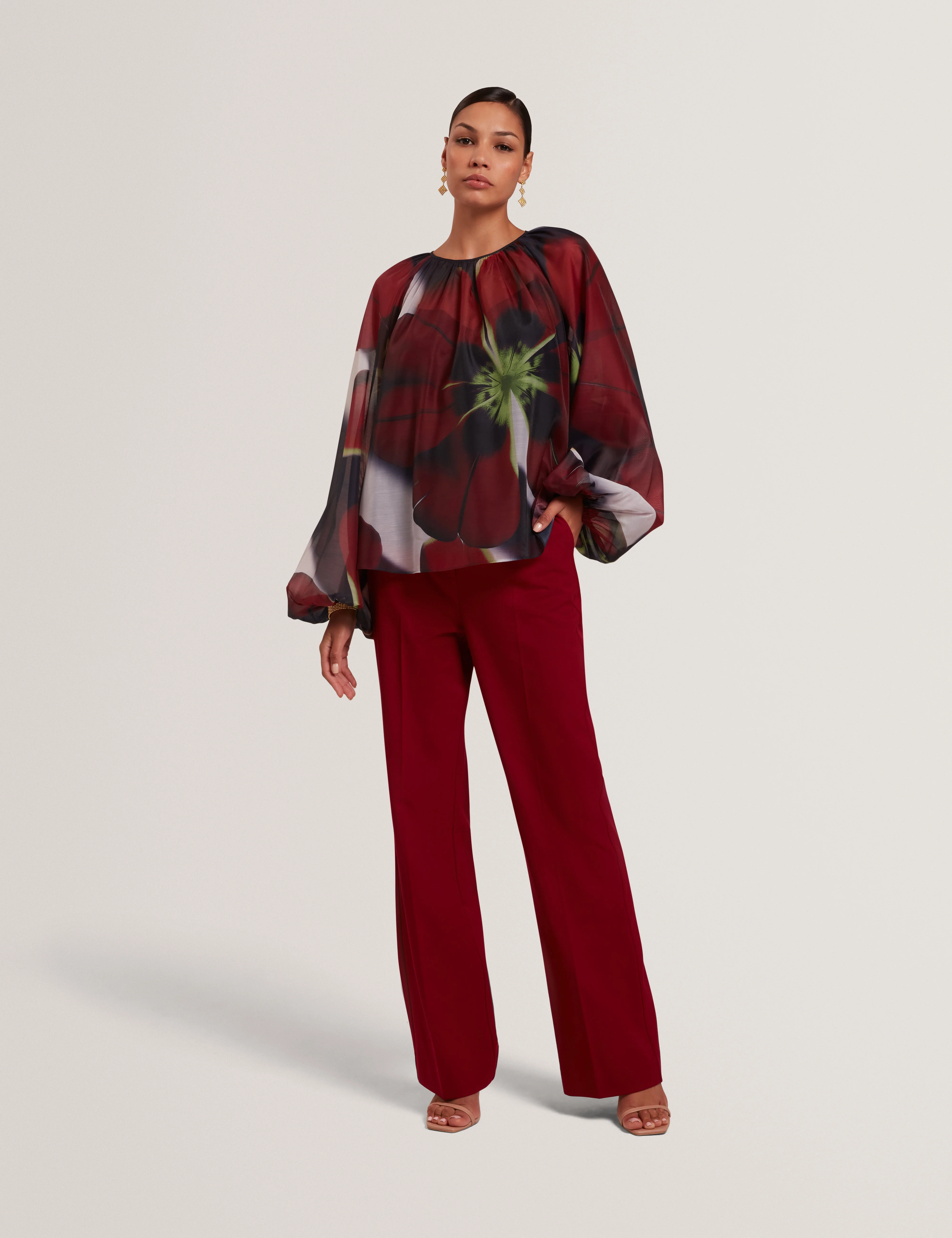 Elaia Printed Organza Puff Sleeve Blouse Navy - Image 2