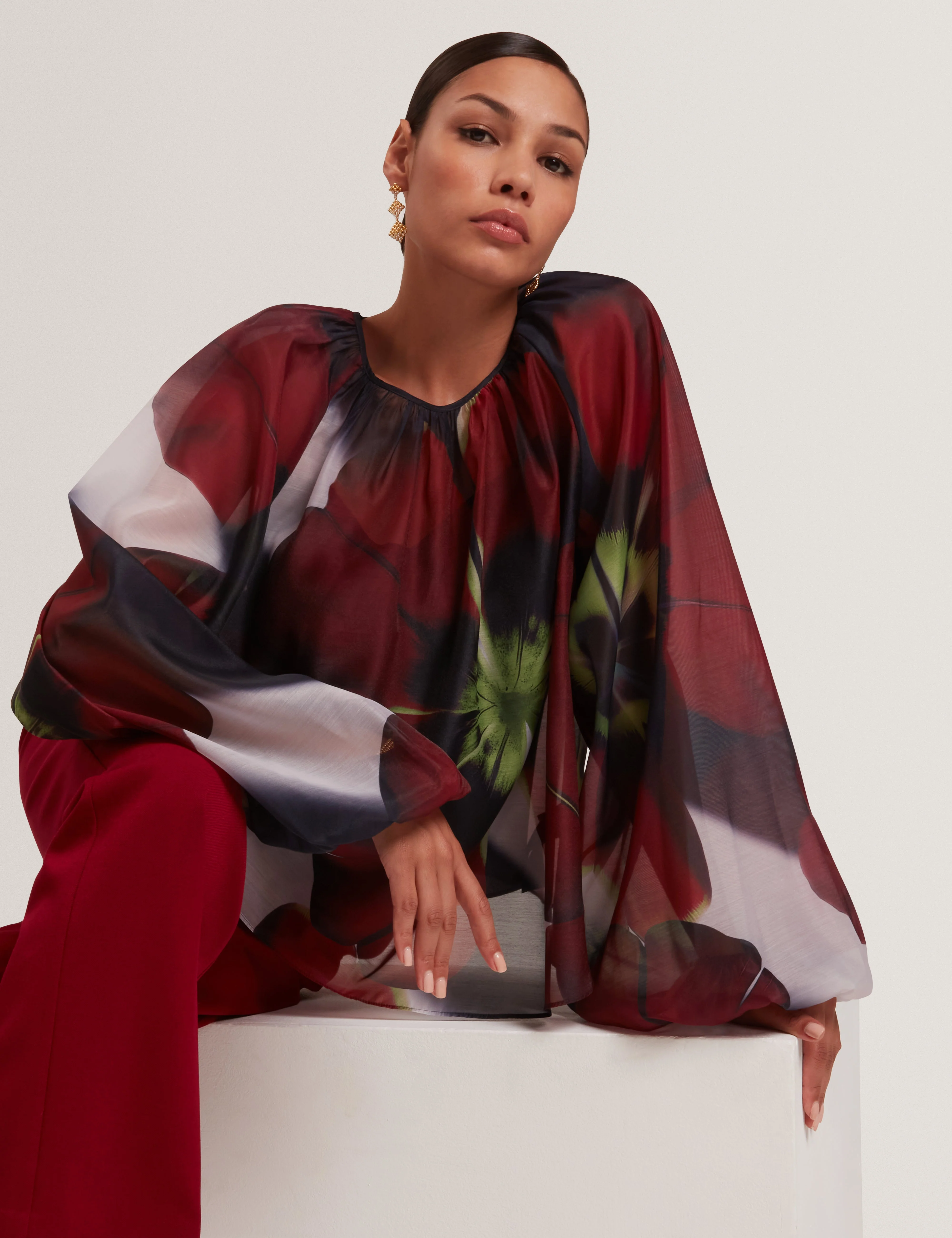 Elaia Printed Organza Puff Sleeve Blouse Navy - Image 6