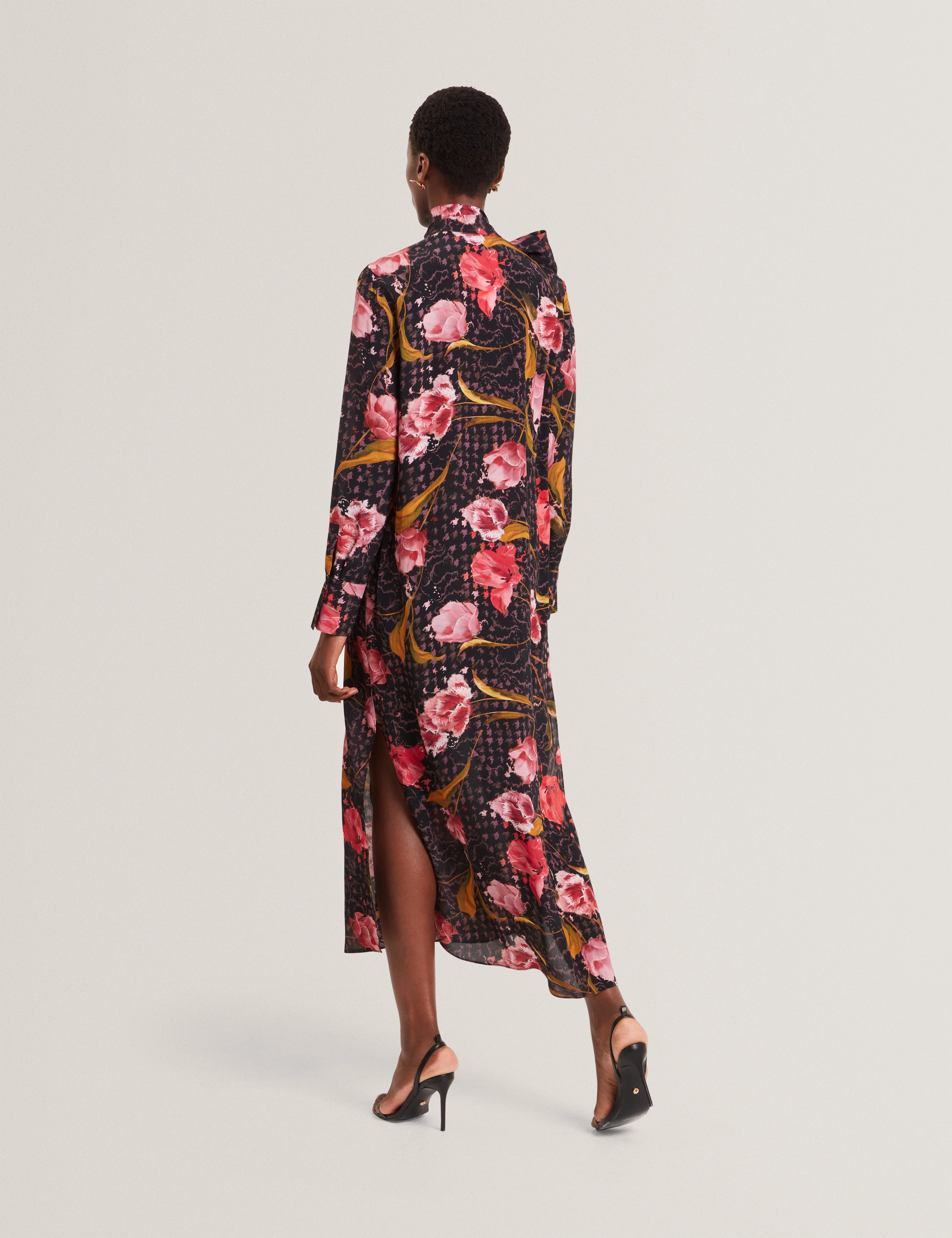 Elann Printed Tie Neck Midi Shirt Dress Black - Image 5