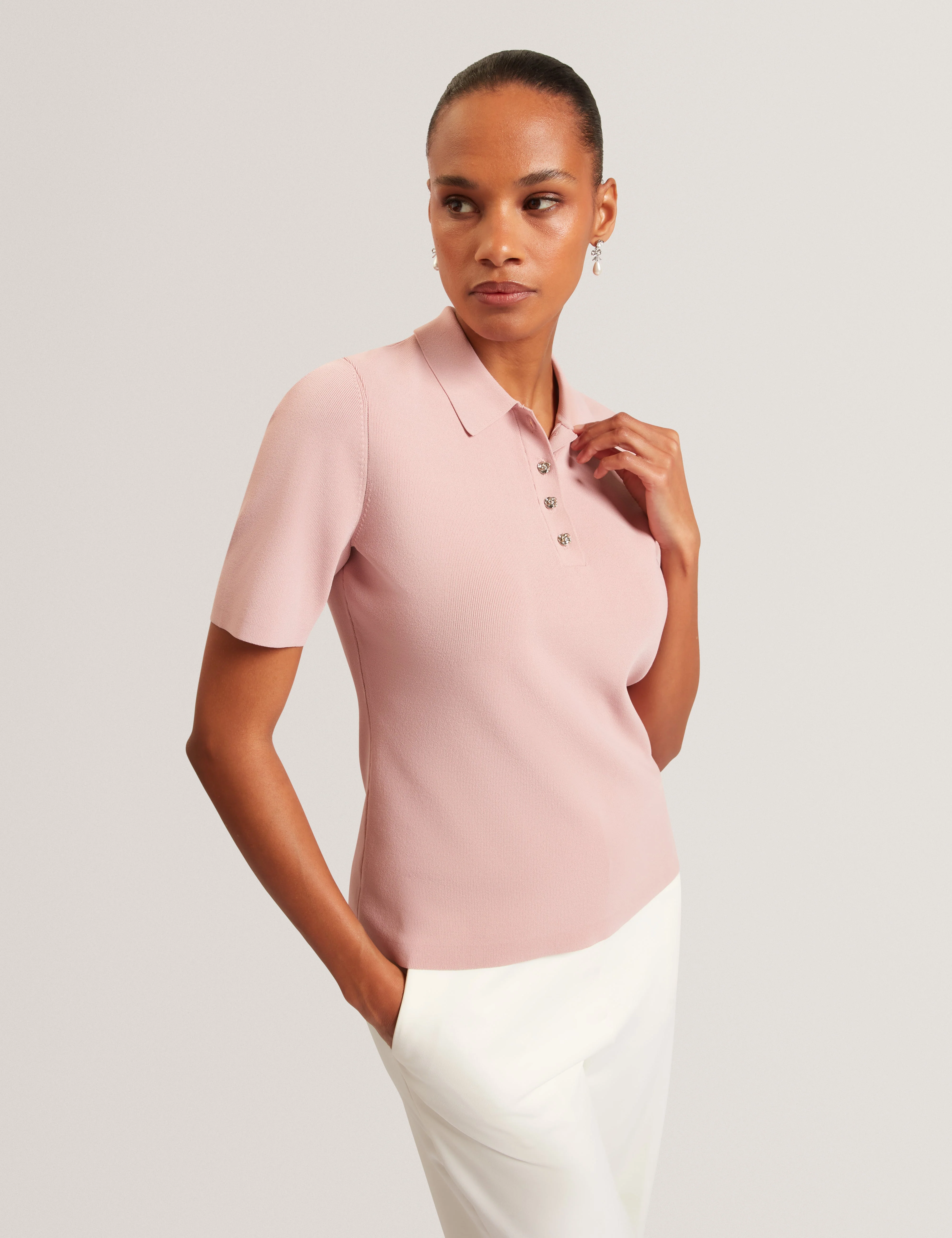 Elbeth Knitted Short Sleeve Polo Dusky-Pink