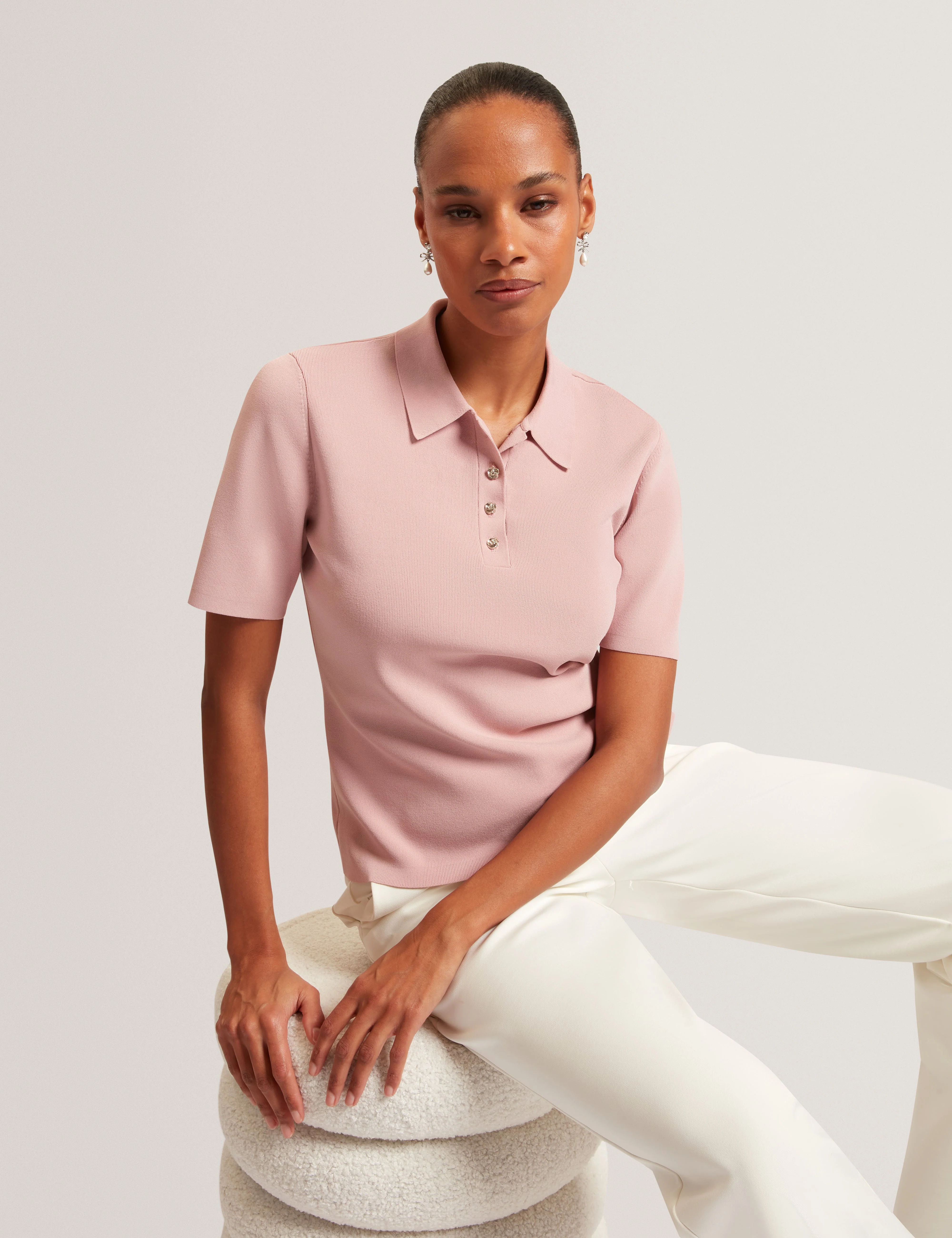 Elbeth Knitted Short Sleeve Polo Dusky-Pink - Image 6