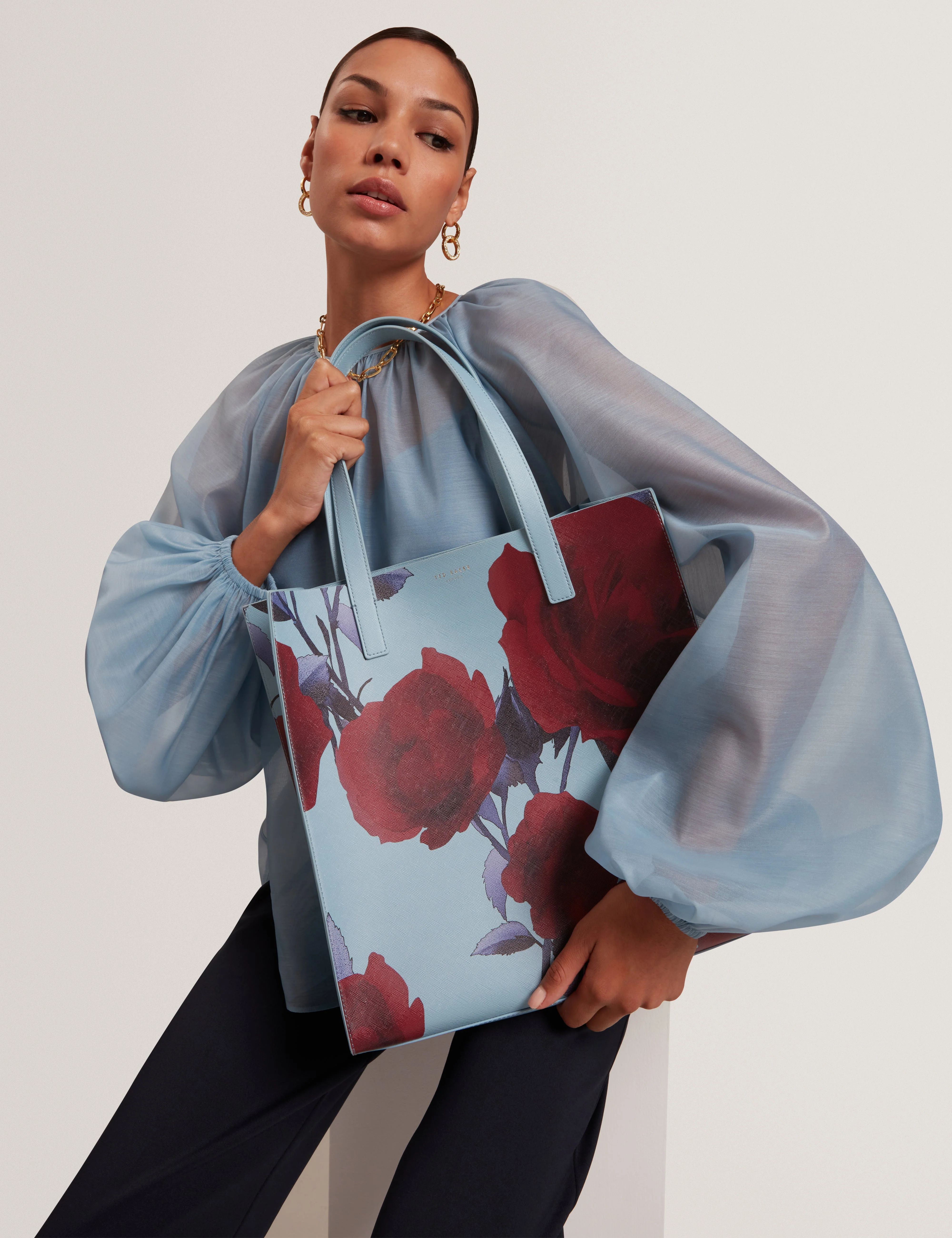 Elyzaa Large Rose Print Icon Bag Mid-Blue - Image 2