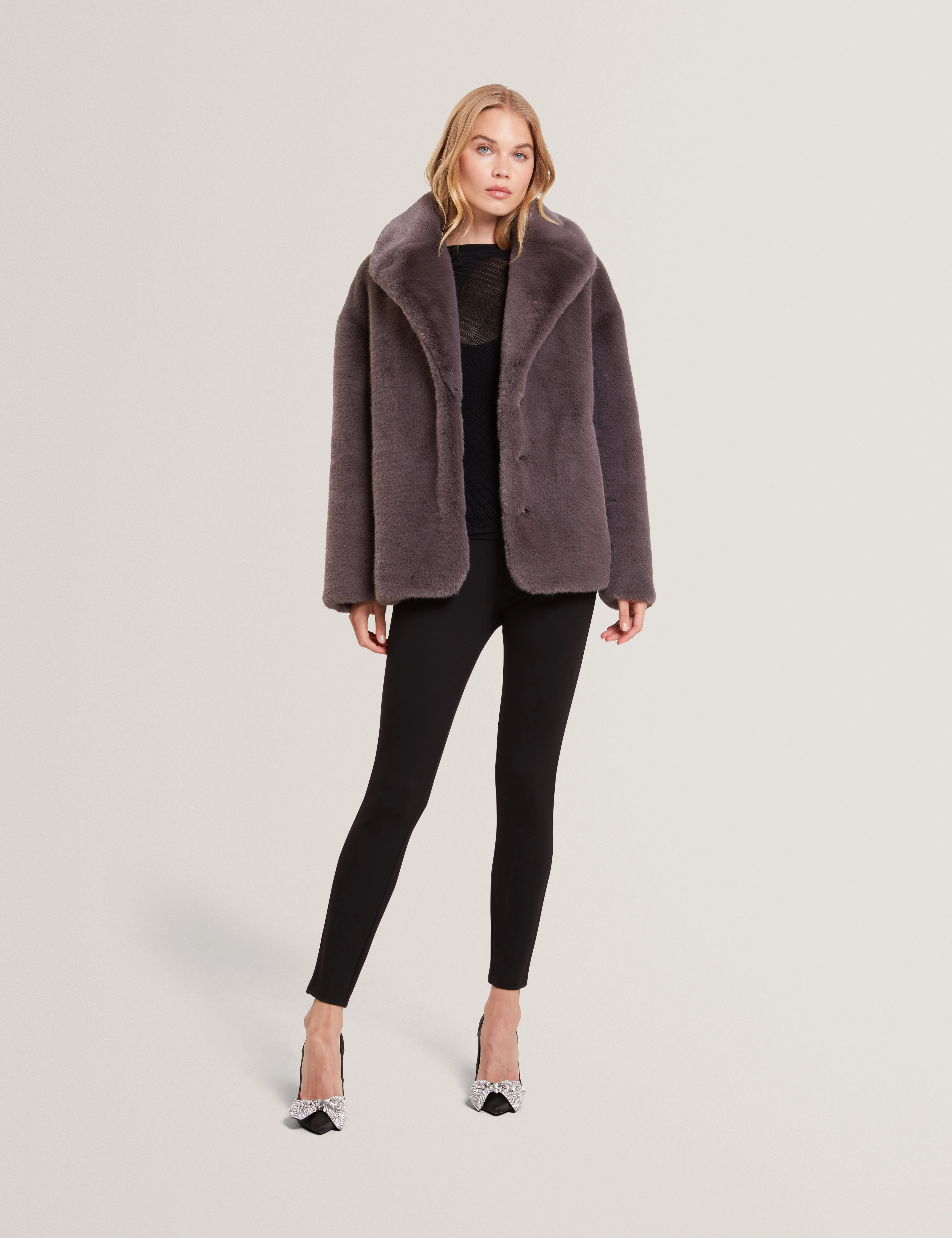 Fiela Short Faux Fur Coat With Shawl Collar Grey - Image 2