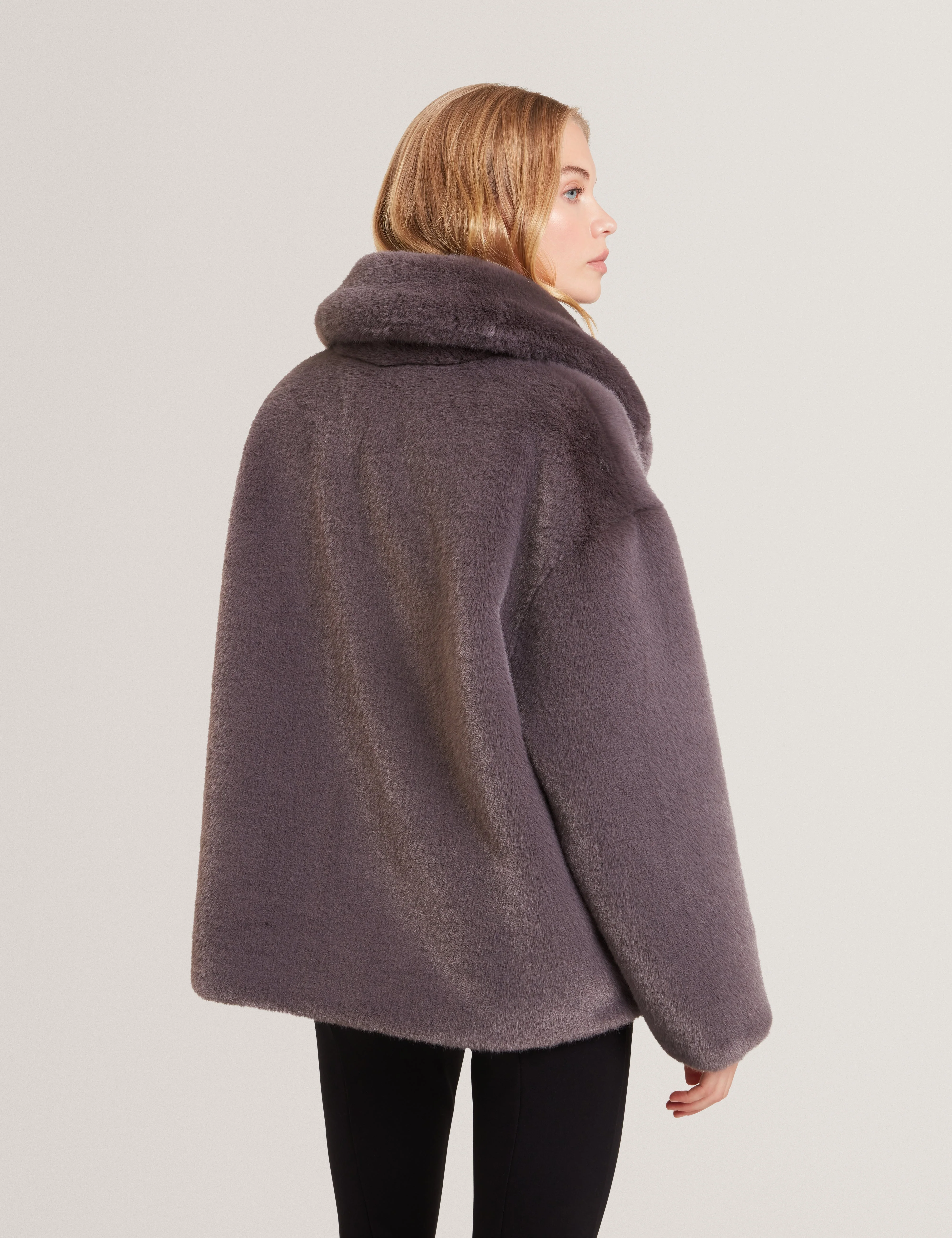 Fiela Short Faux Fur Coat With Shawl Collar Grey - Image 4