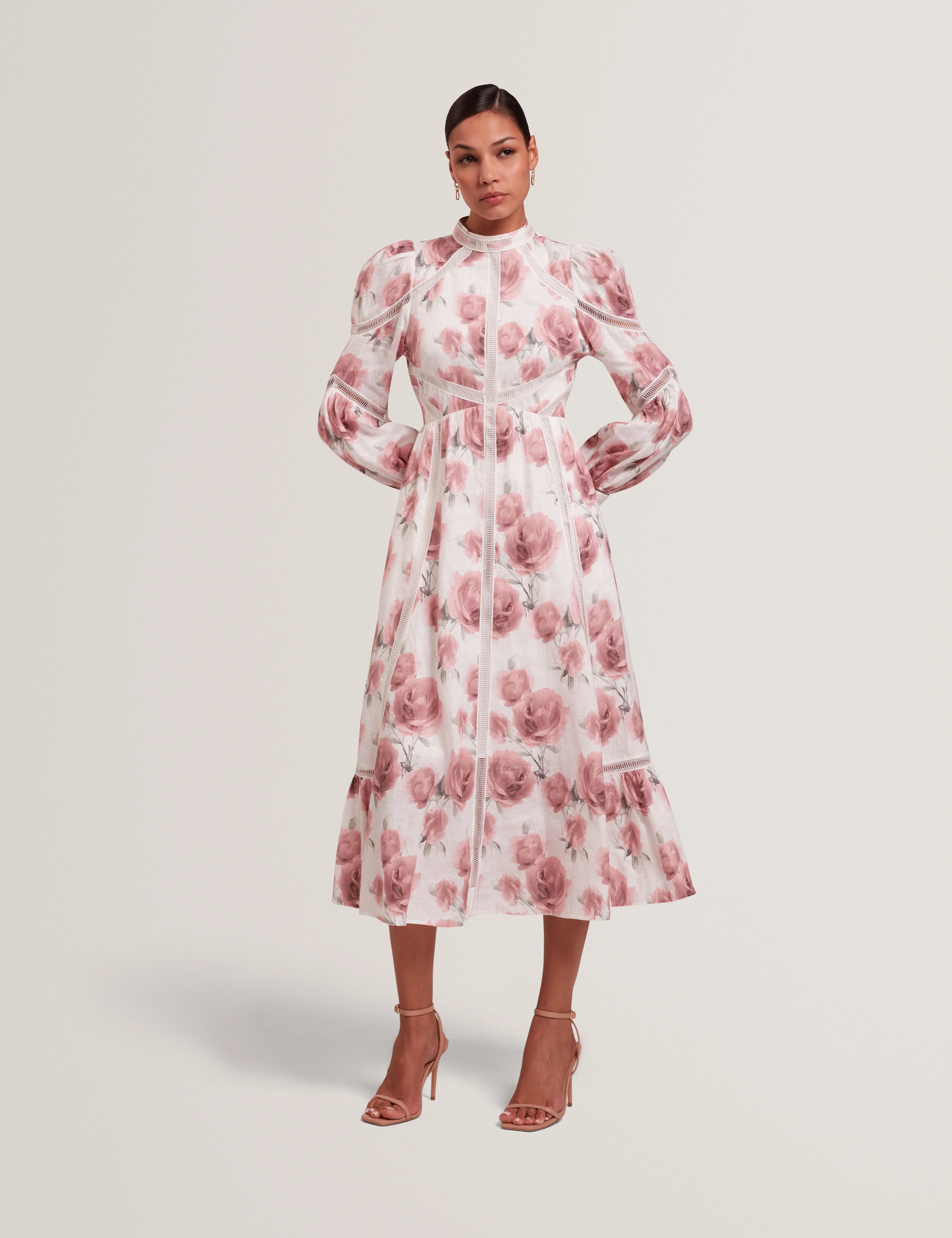 Frilaa Long Sleeve Floral Printed Midi Dress Ivory
