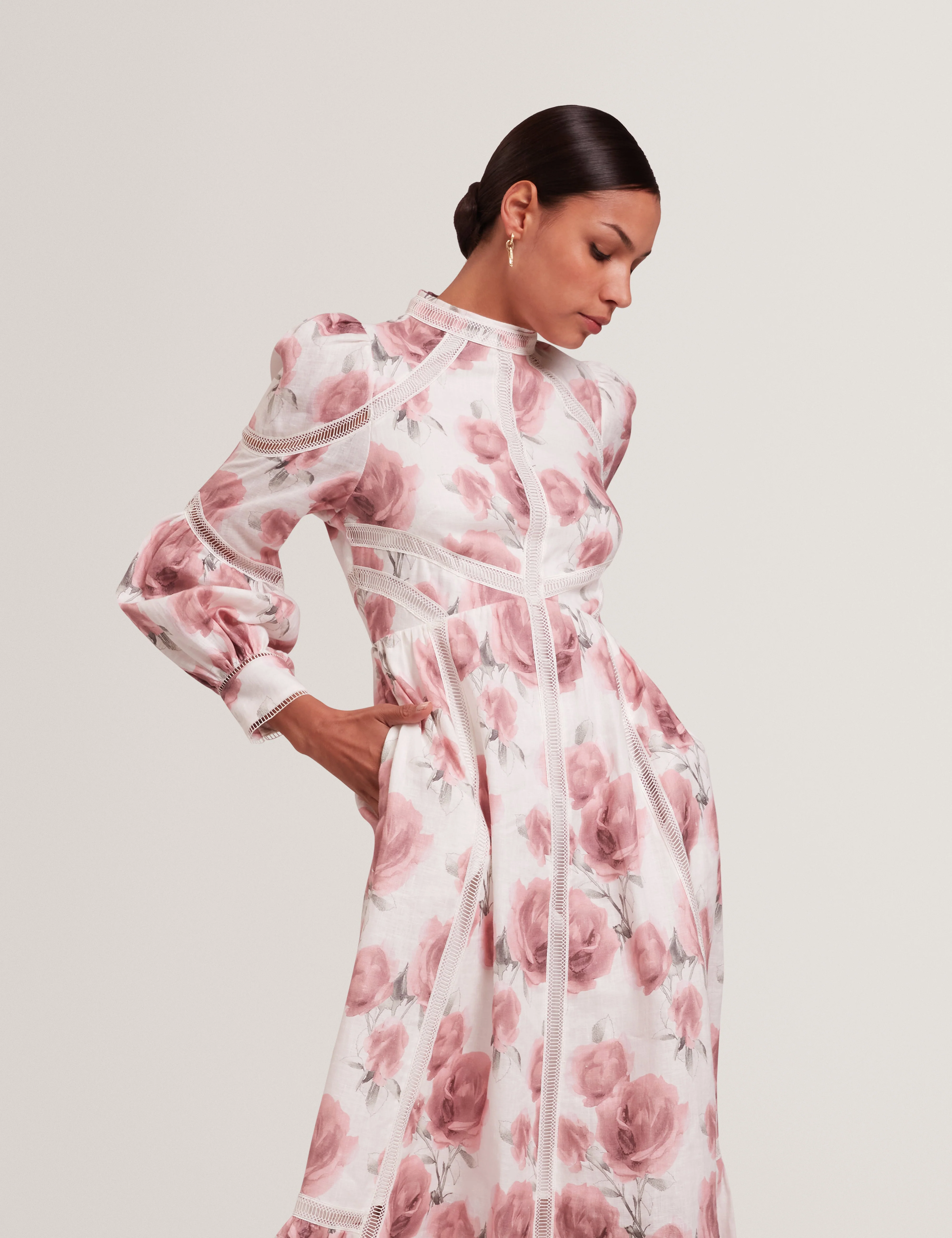 Frilaa Long Sleeve Floral Printed Midi Dress Ivory - Image 6