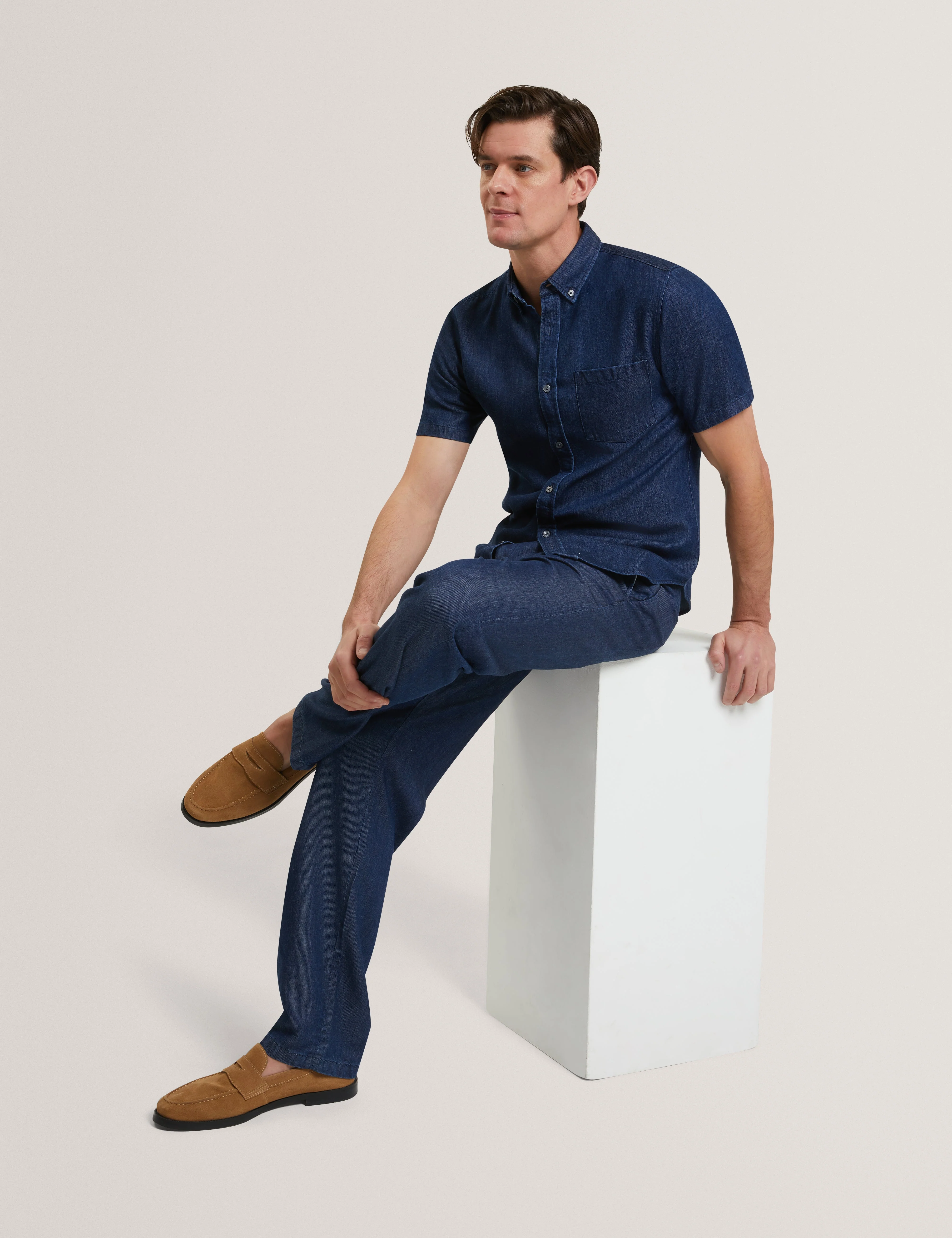 Ganmo Relaxed Pull-On Tencel Chambray Trouser Navy-Blue - Image 7