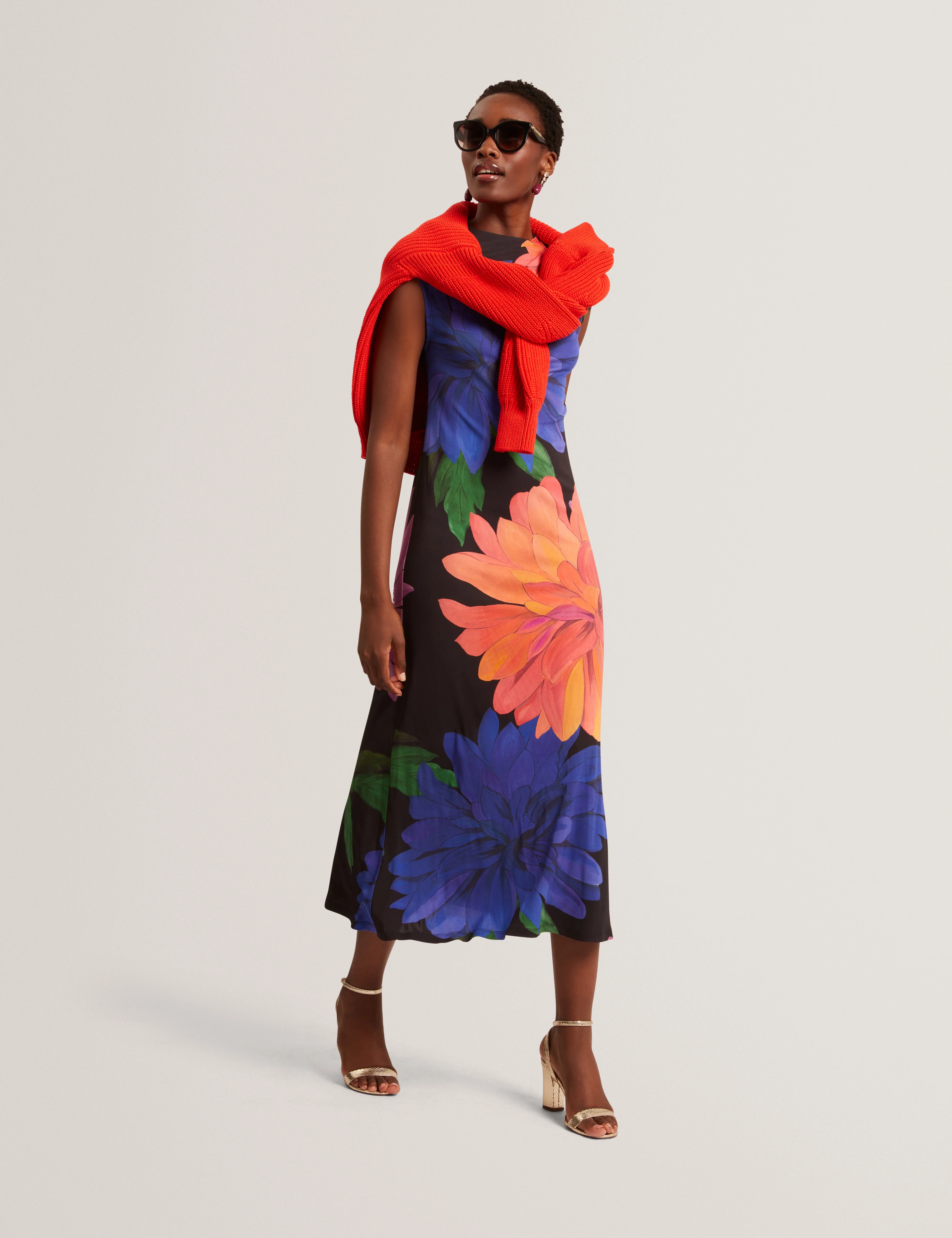 Ginla Printed Midi Dress With Draped Neck Detail Black - Image 3