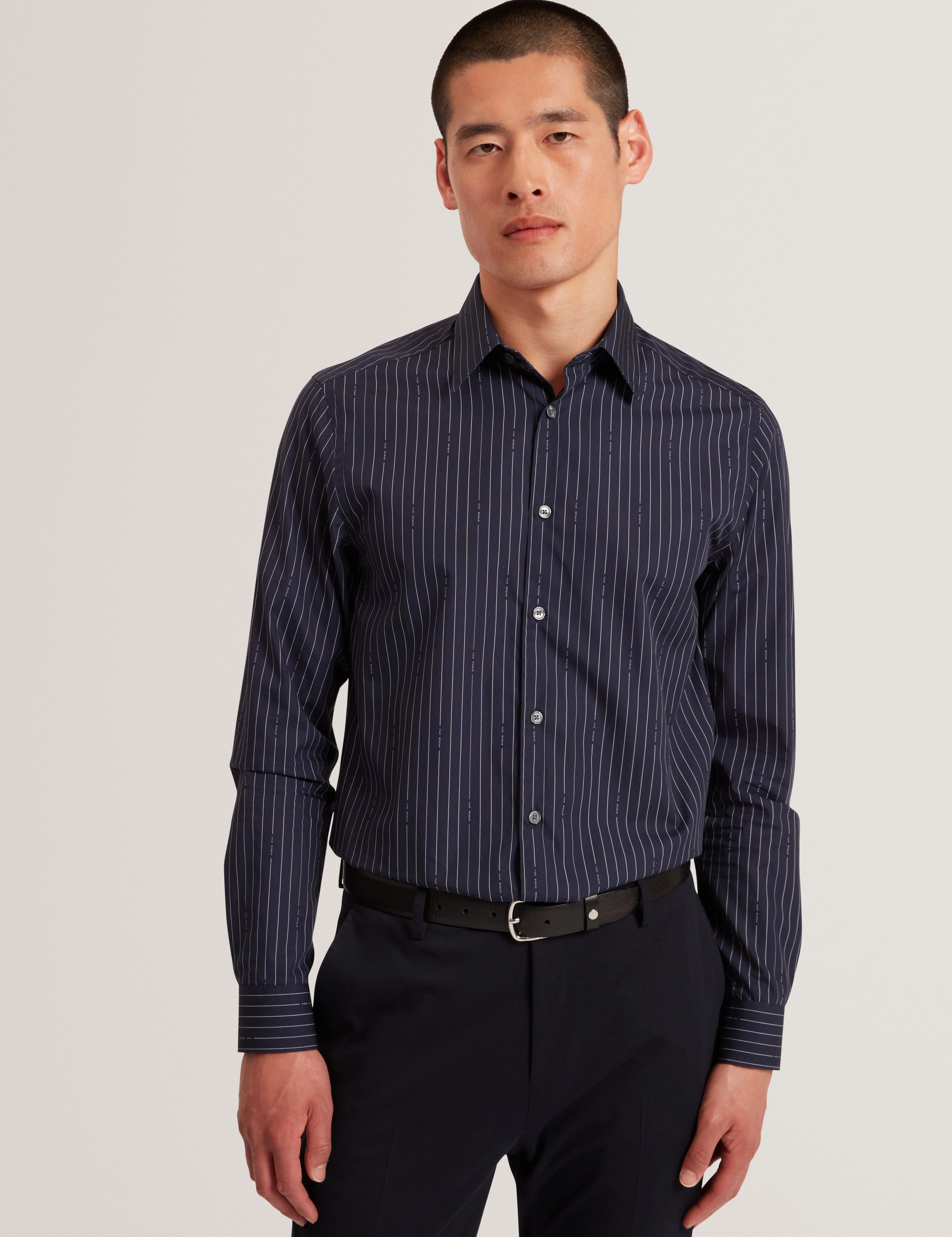 Hangent Ls Regular Fit Branded Stripe Print Shir Navy