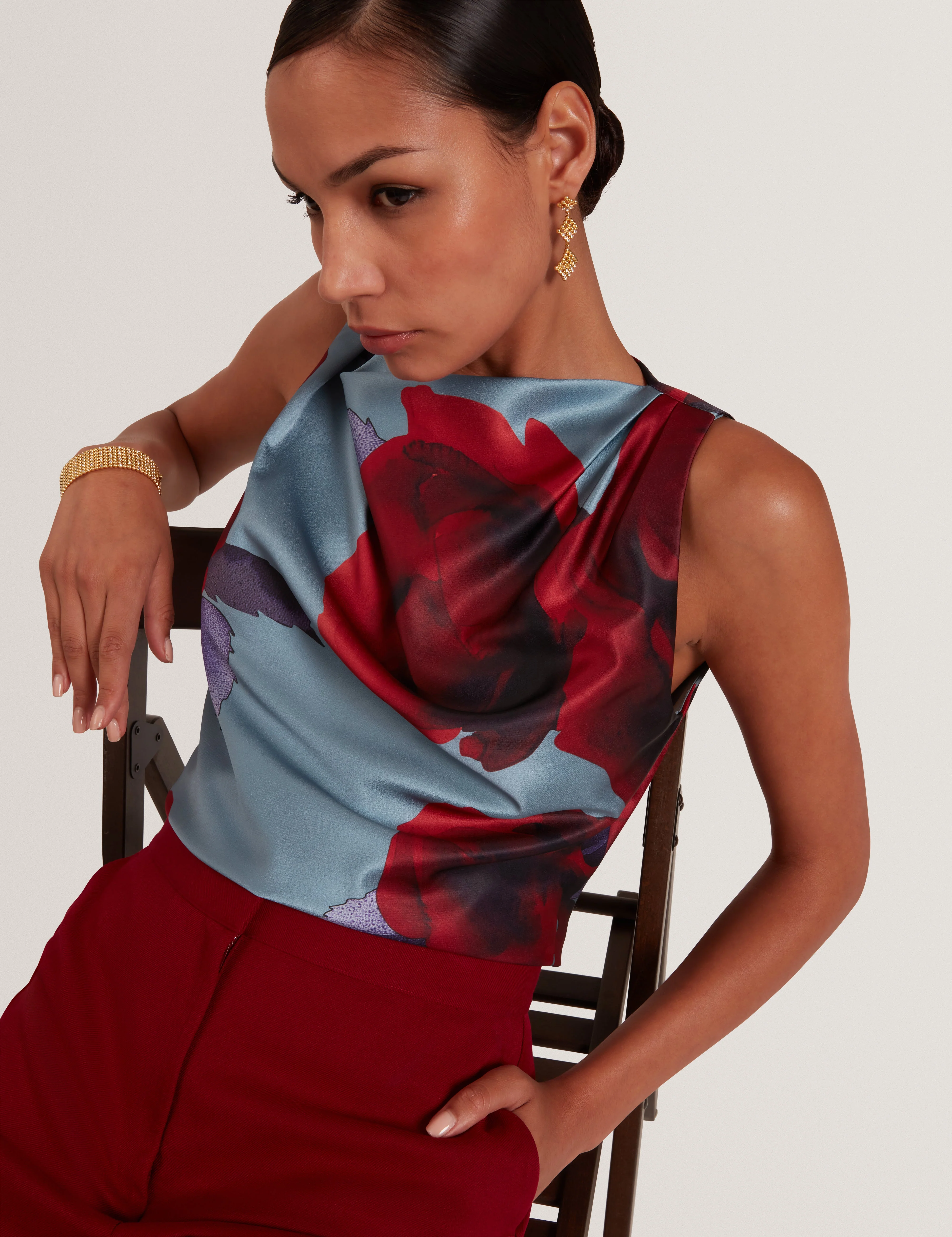 Harplyn Print Sleeveless Drape Neck Top Lt-Blue - Image 6