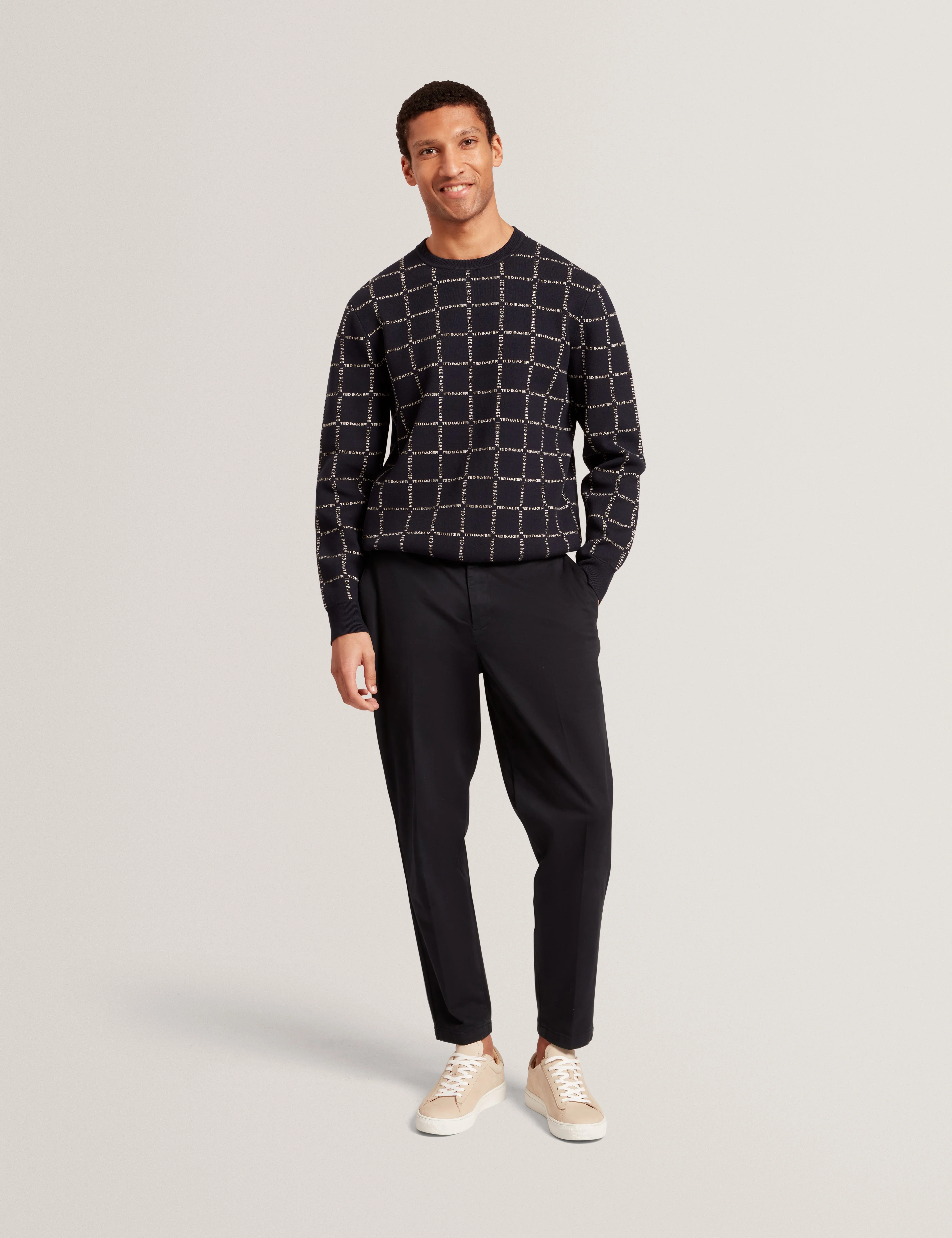 Hysand Short Sleeve Branded Check Crew Neck Navy - Image 2