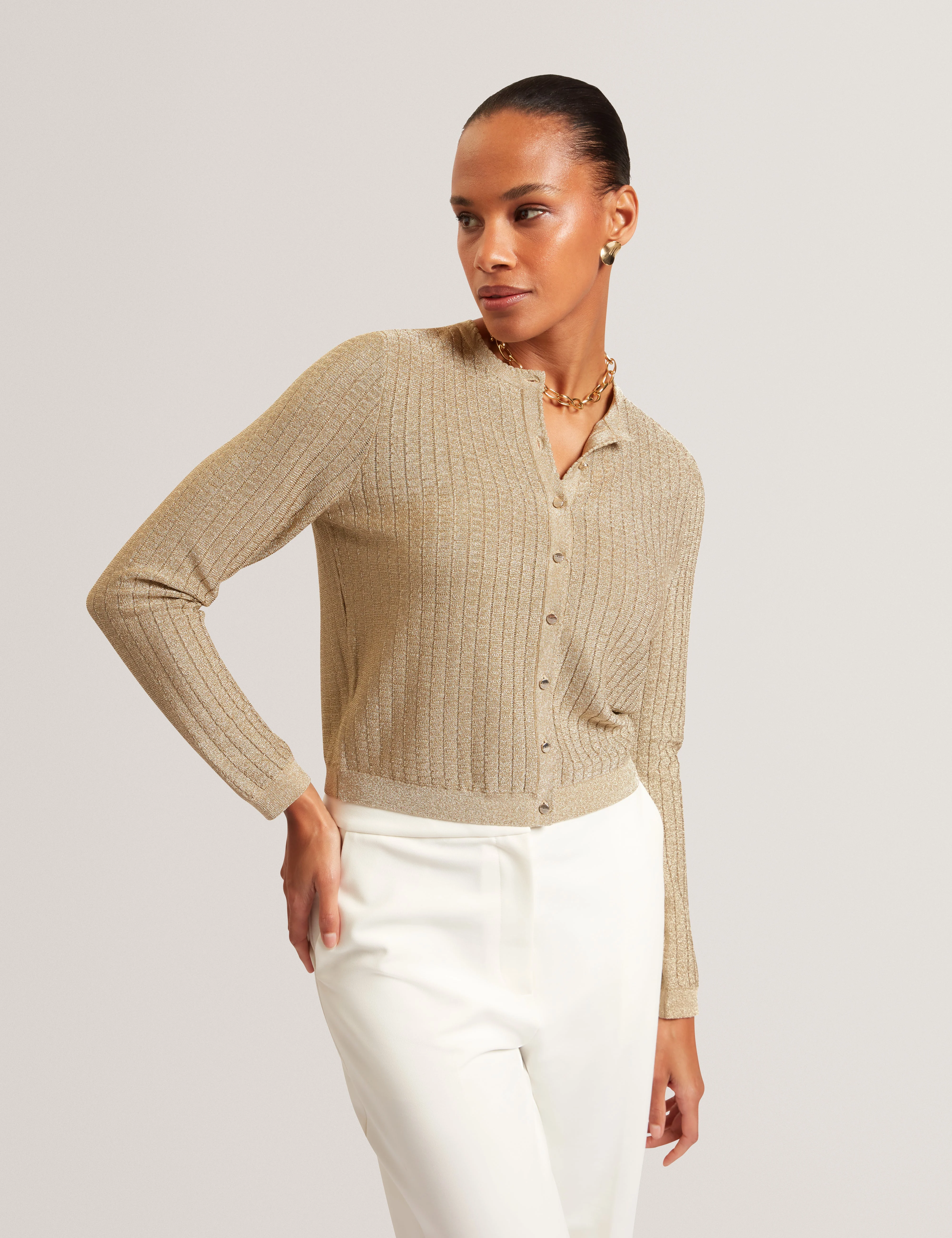 Iolanth Knitted Crew Neck Cropped Cardigan Gold
