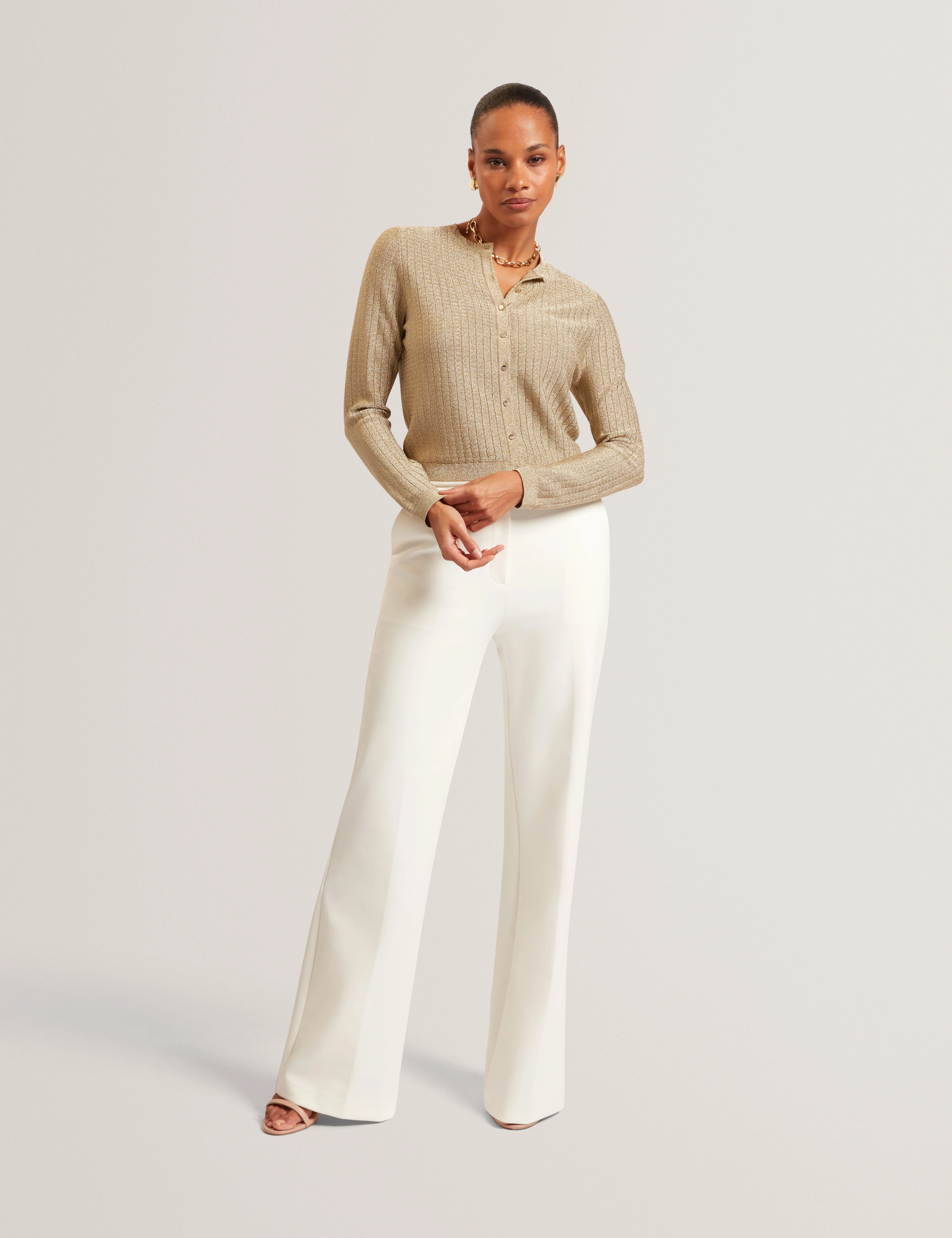 Iolanth Knitted Crew Neck Cropped Cardigan Gold - Image 2