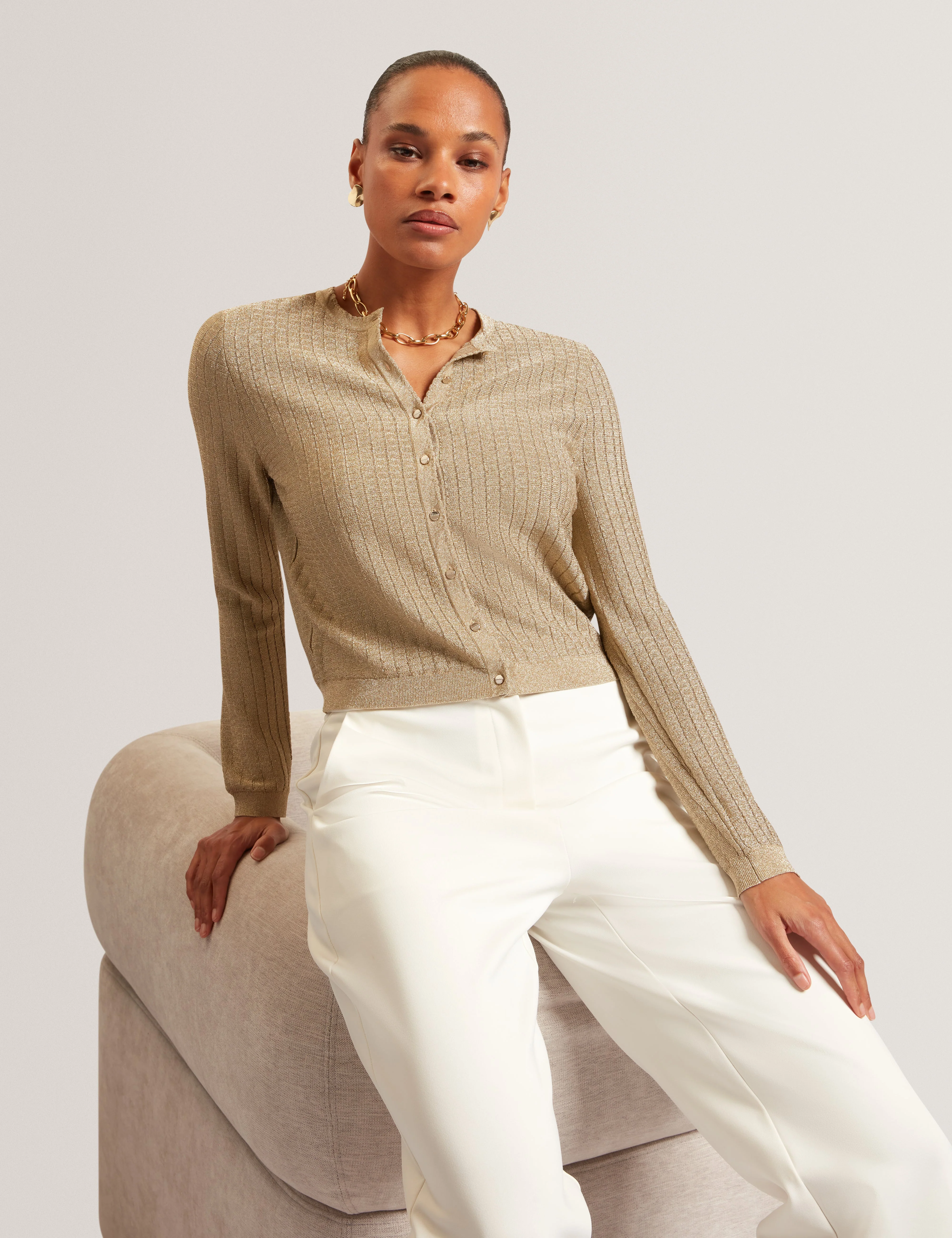Iolanth Knitted Crew Neck Cropped Cardigan Gold - Image 4