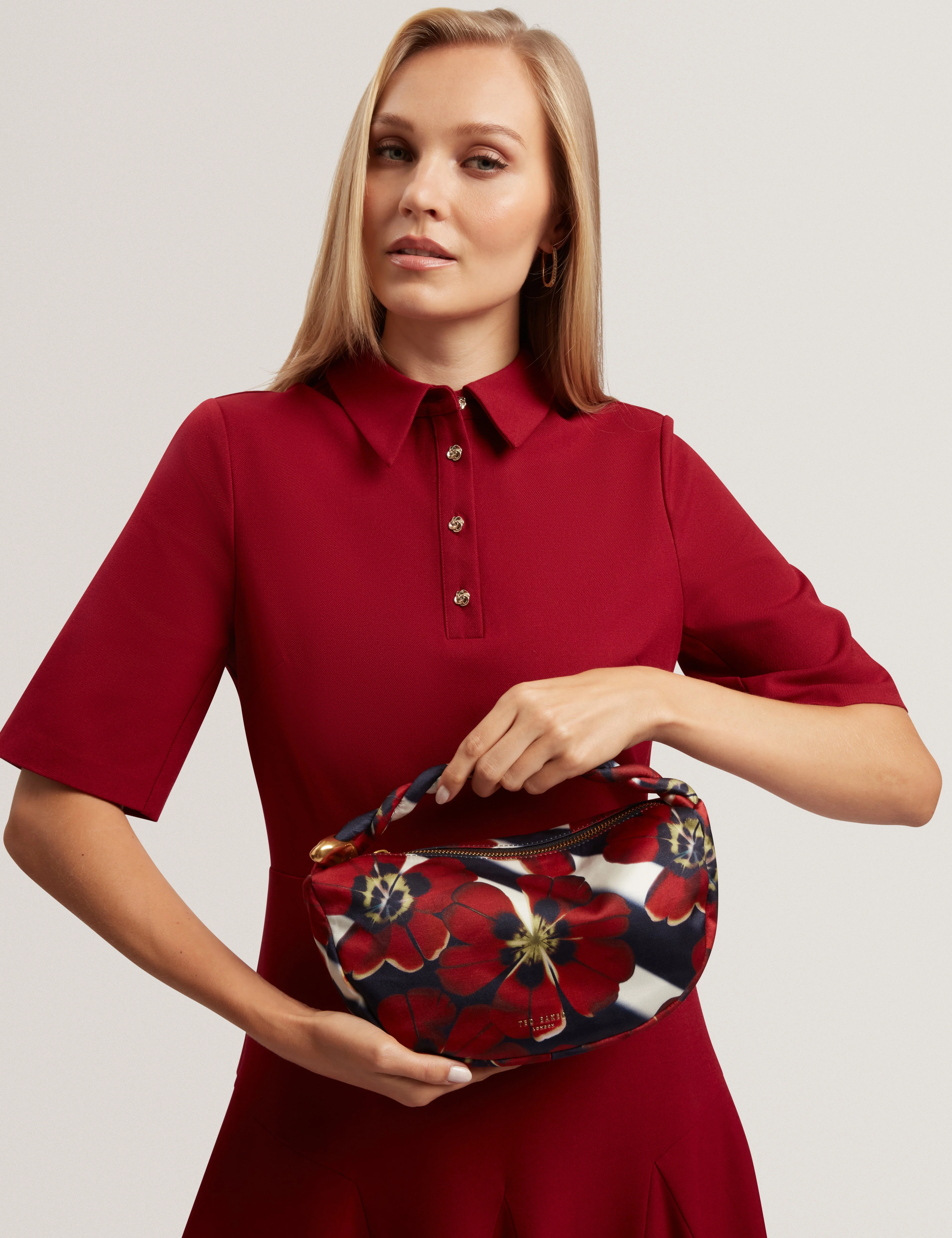 Isli Satin Statement Hardware Printed Hobo Bag Red - Image 2