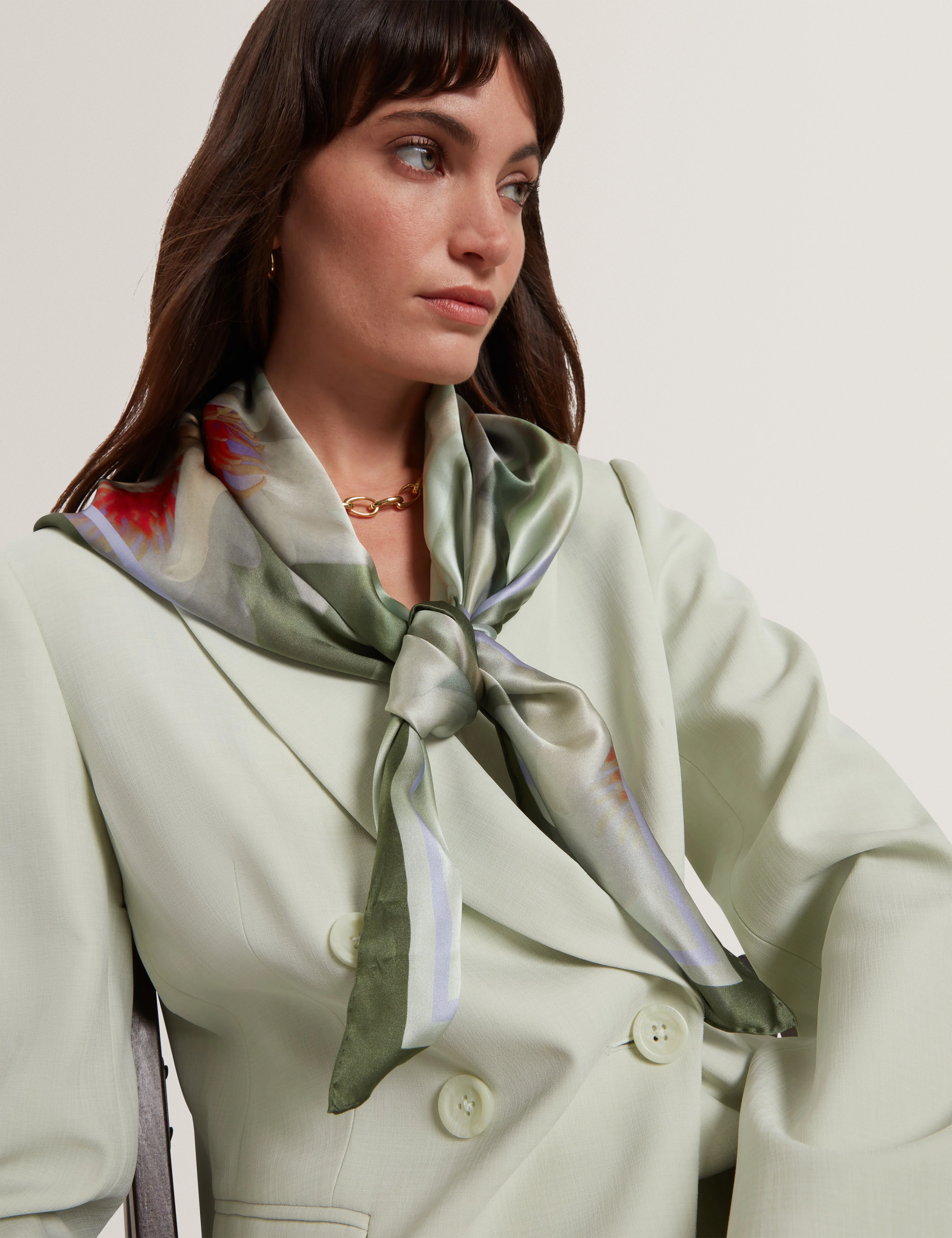Jainne Waterlily Print Silk Square Scarf Green - Image 2