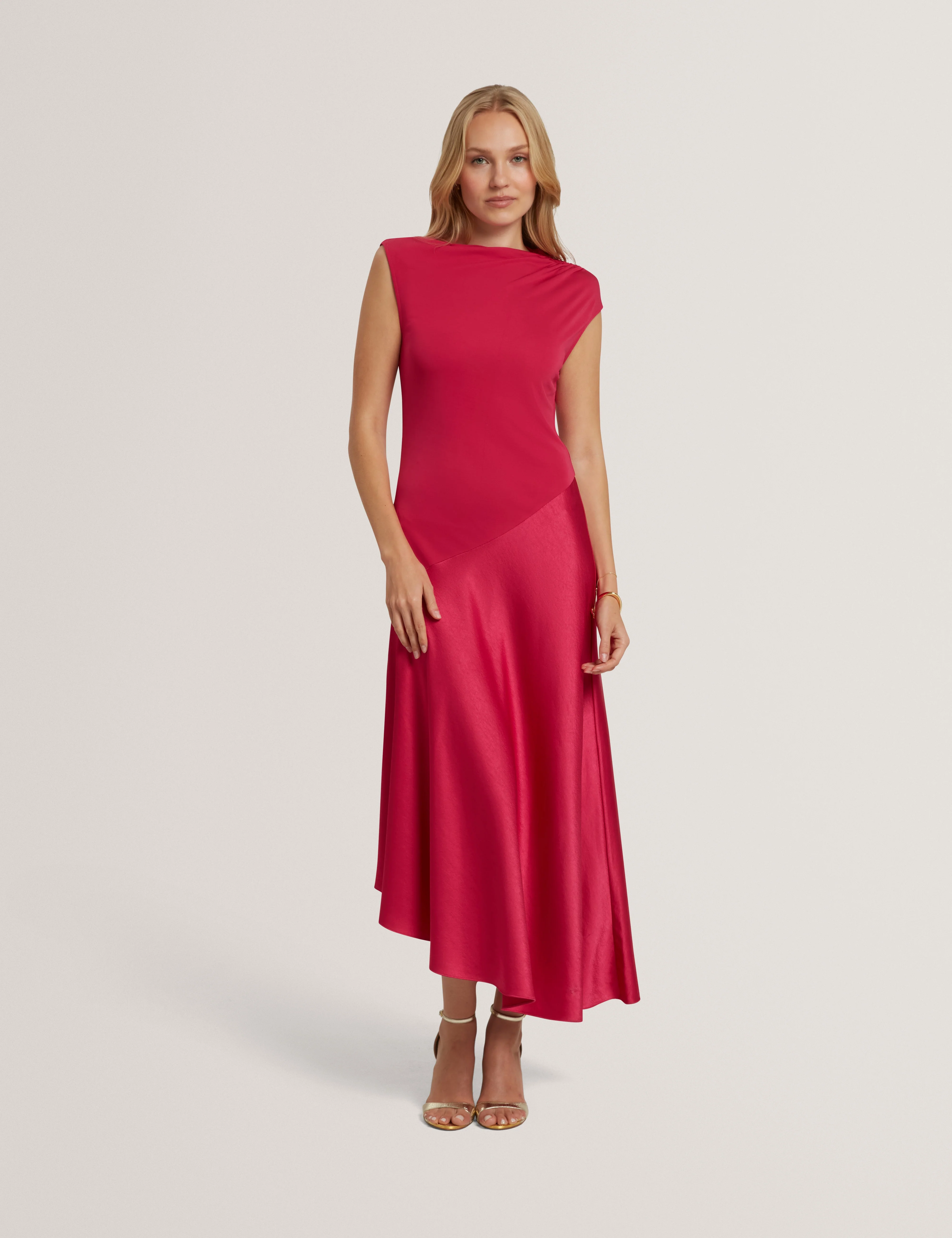 Jaspara Drape Neck Midi Dress With Satin Skirt Brt-Pink - Image 2