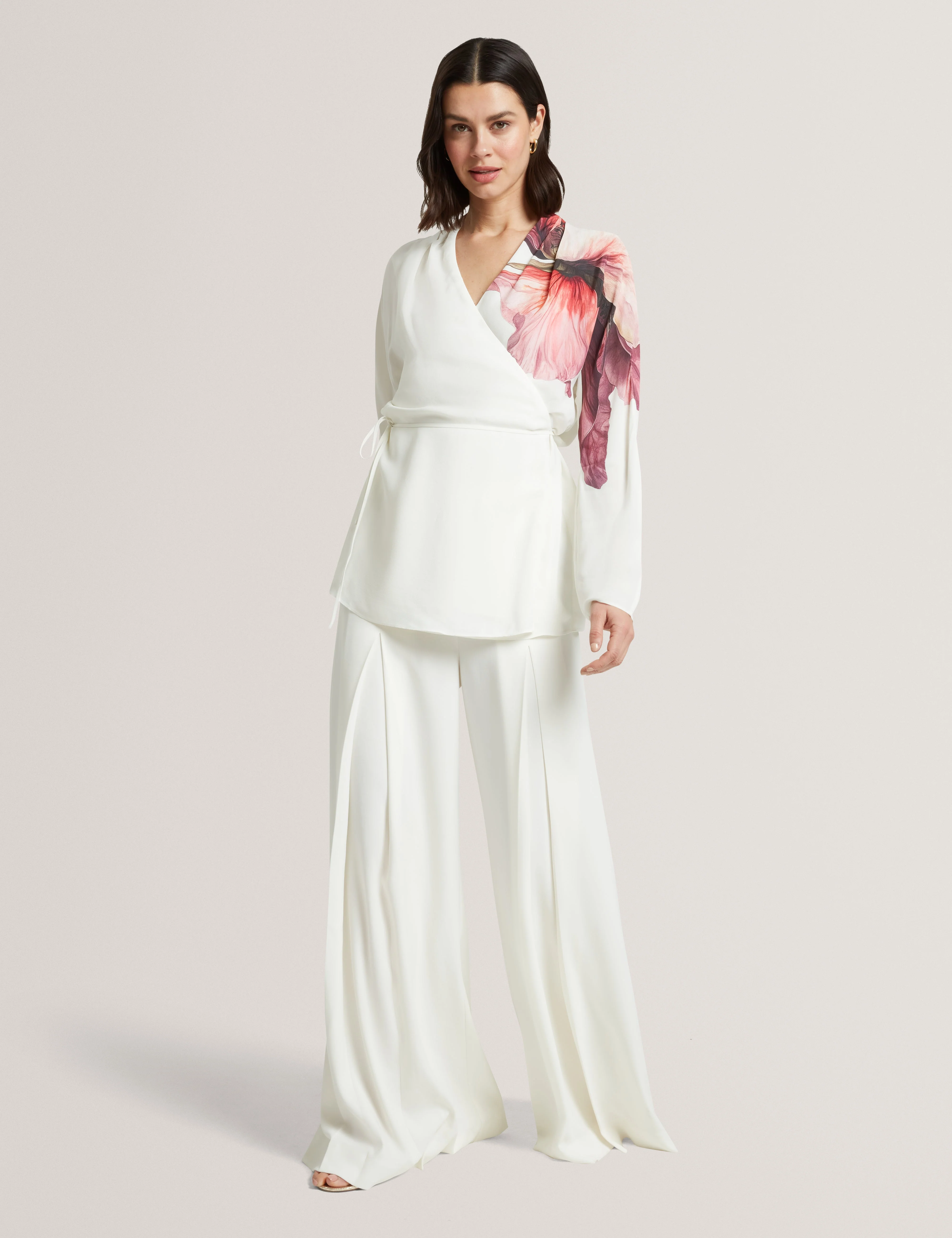 Joleene Printed Wrap Tie Detail Long Sleeve Blouse Ivory - Image 2