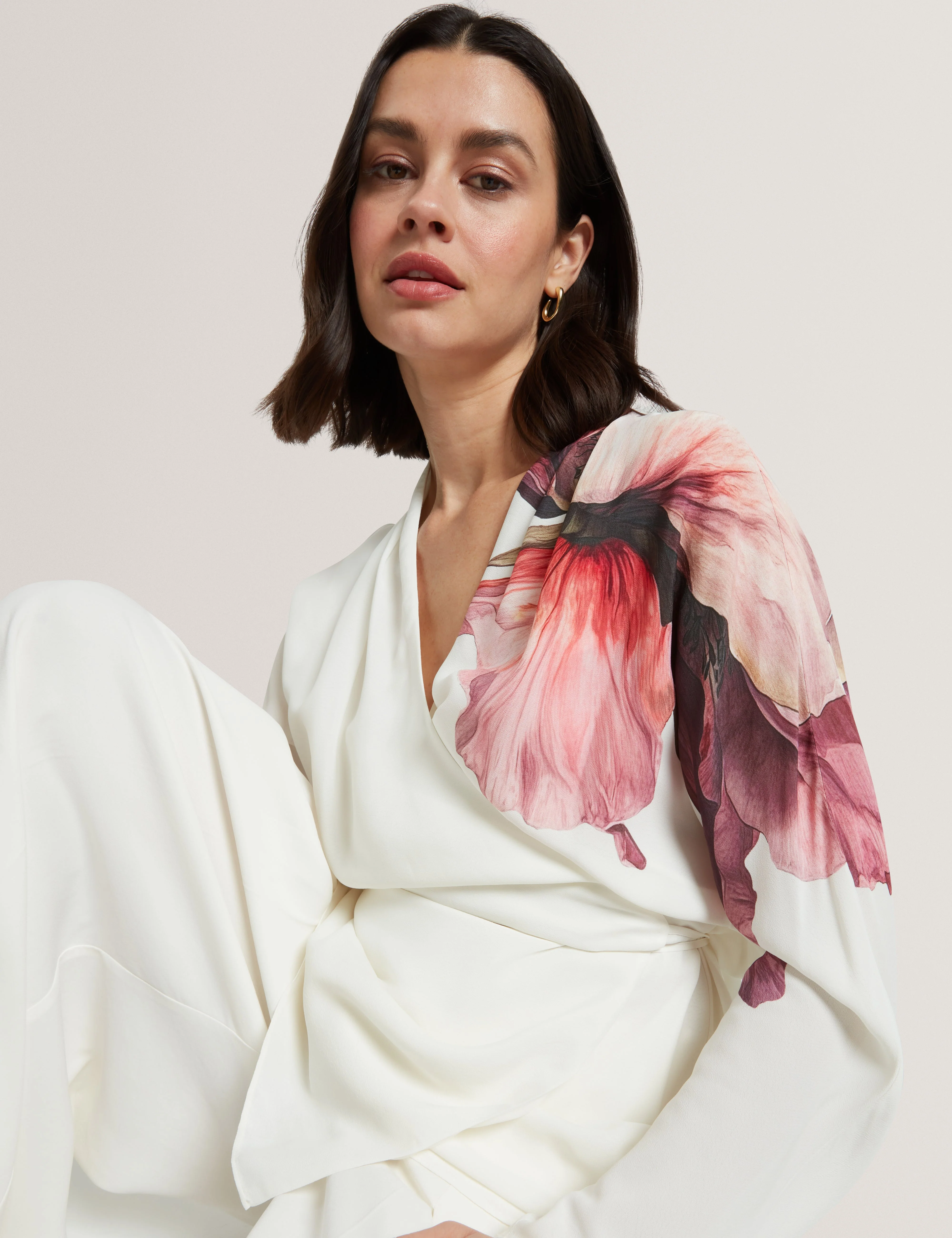 Joleene Printed Wrap Tie Detail Long Sleeve Blouse Ivory - Image 6