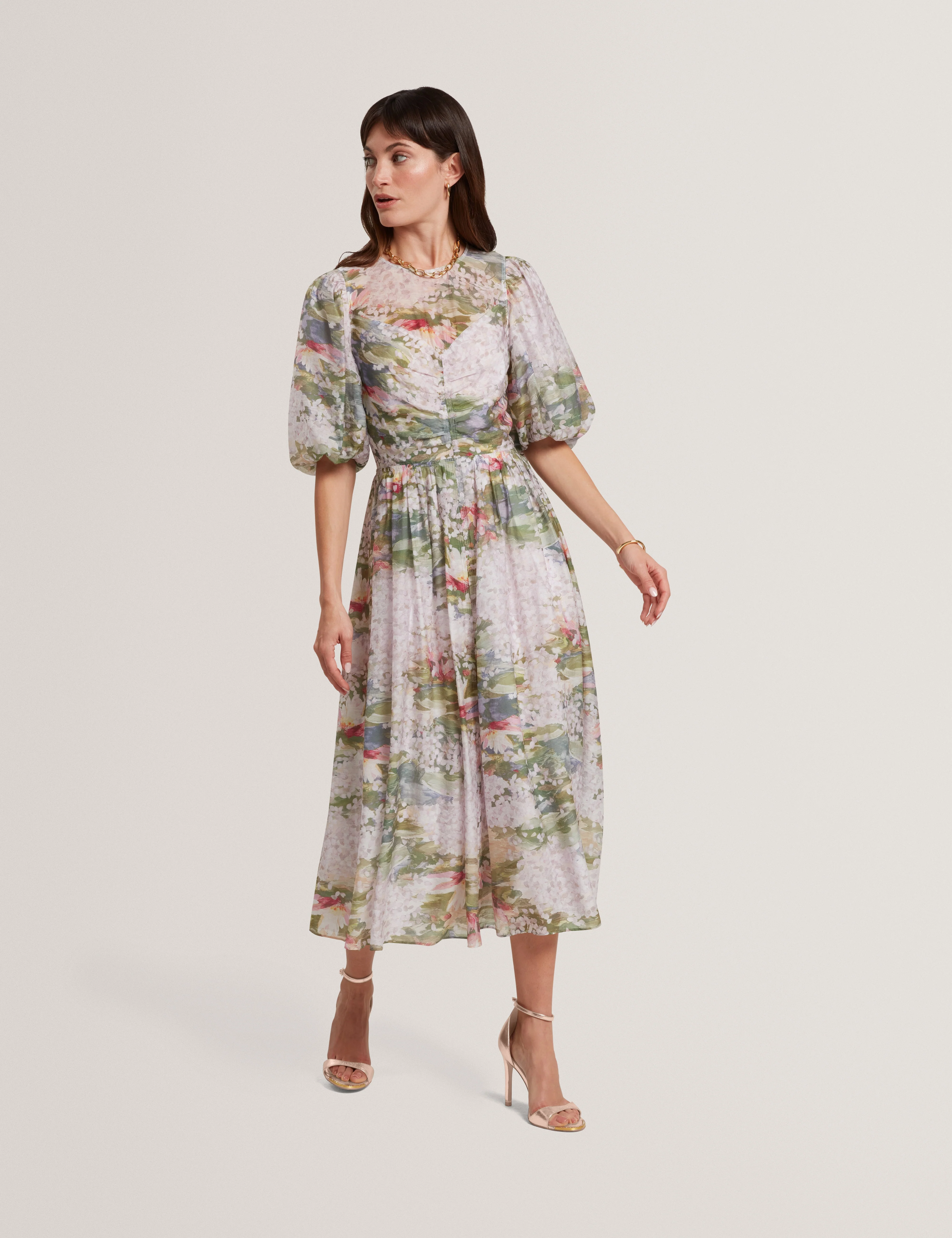 Jonora Puff Sleeveâ Printed Midi Dress Pink - Image 2