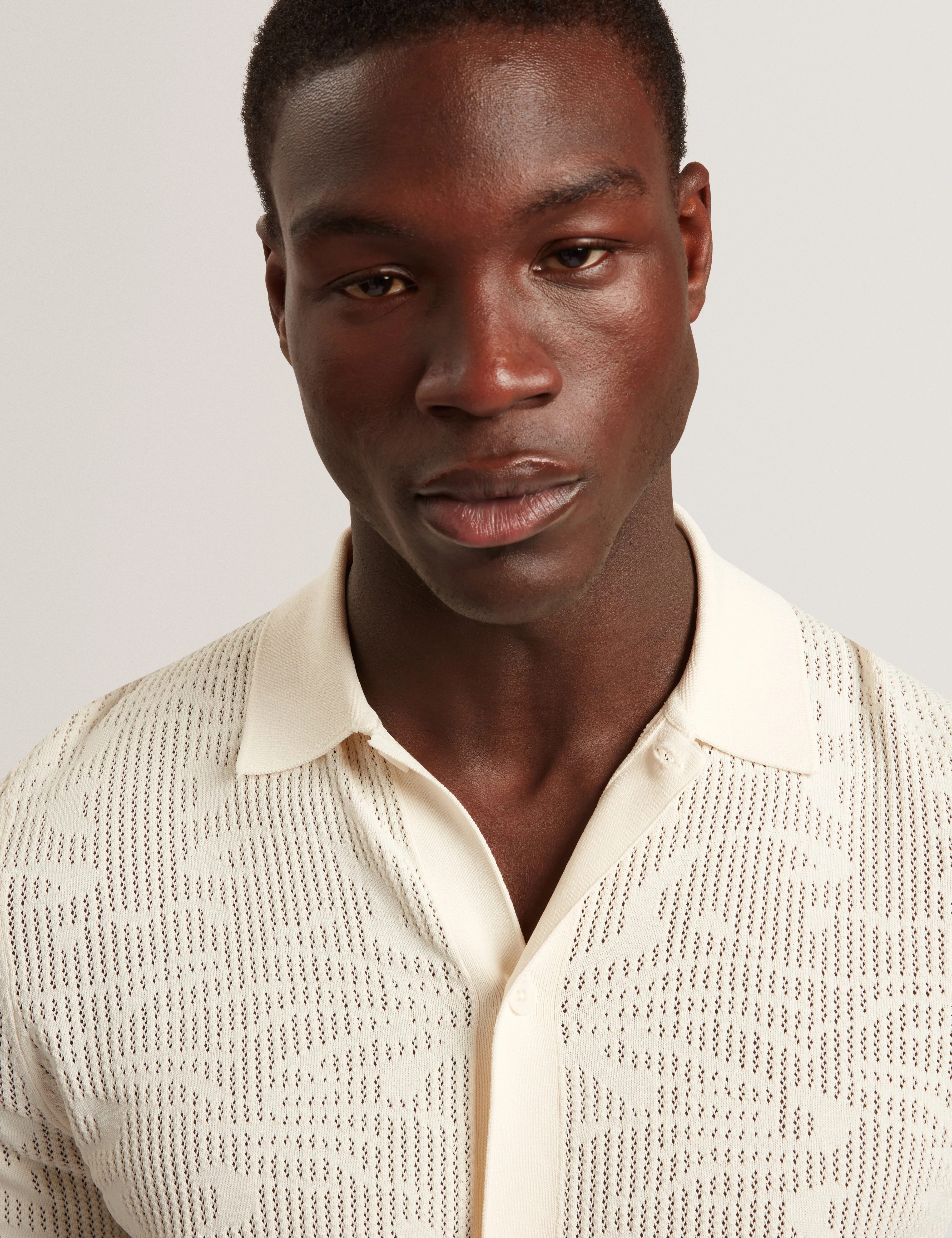 Jorien Short Sleeve Crochet Stitch Button Through Polo Ecru - Image 4