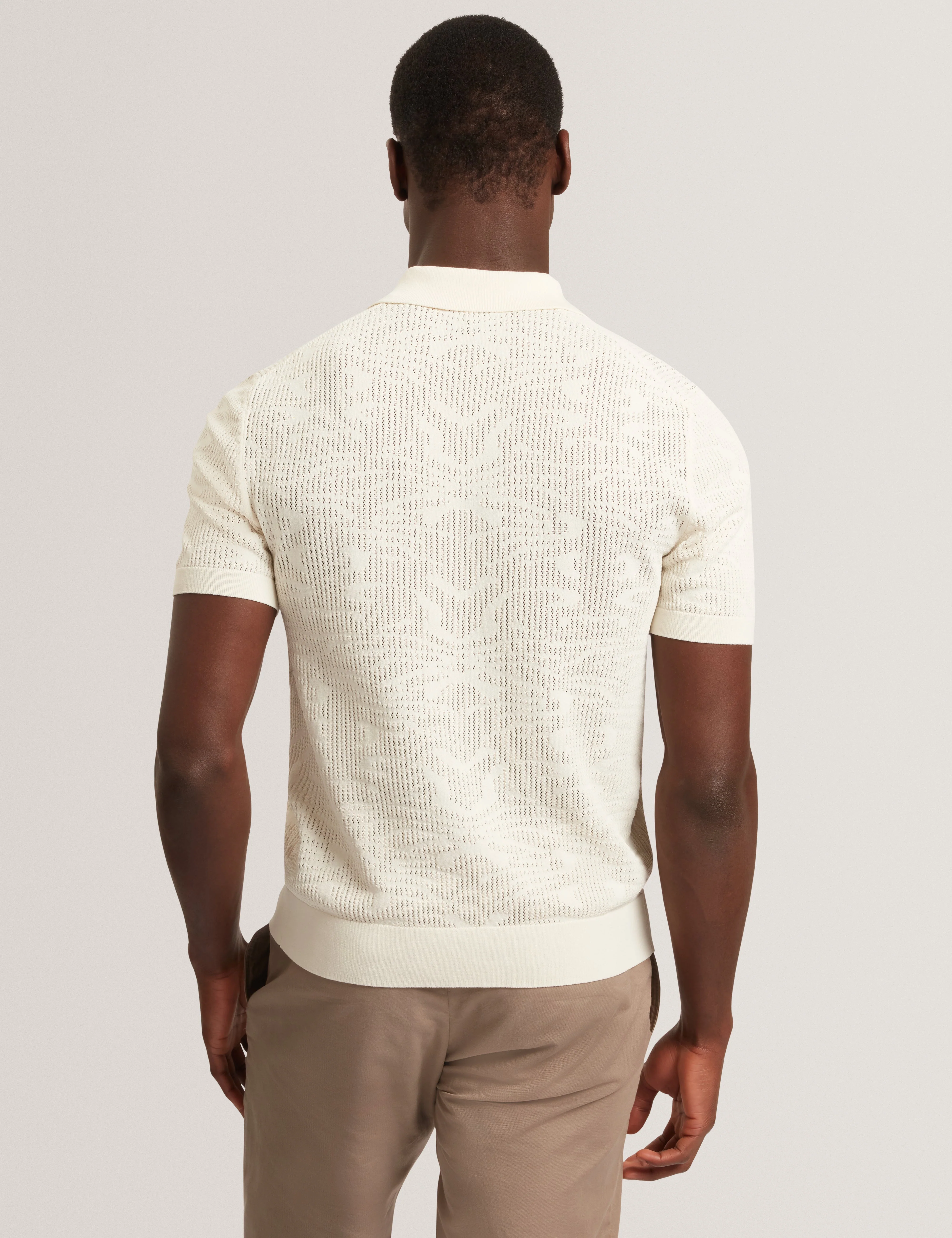 Jorien Short Sleeve Crochet Stitch Button Through Polo Ecru - Image 5