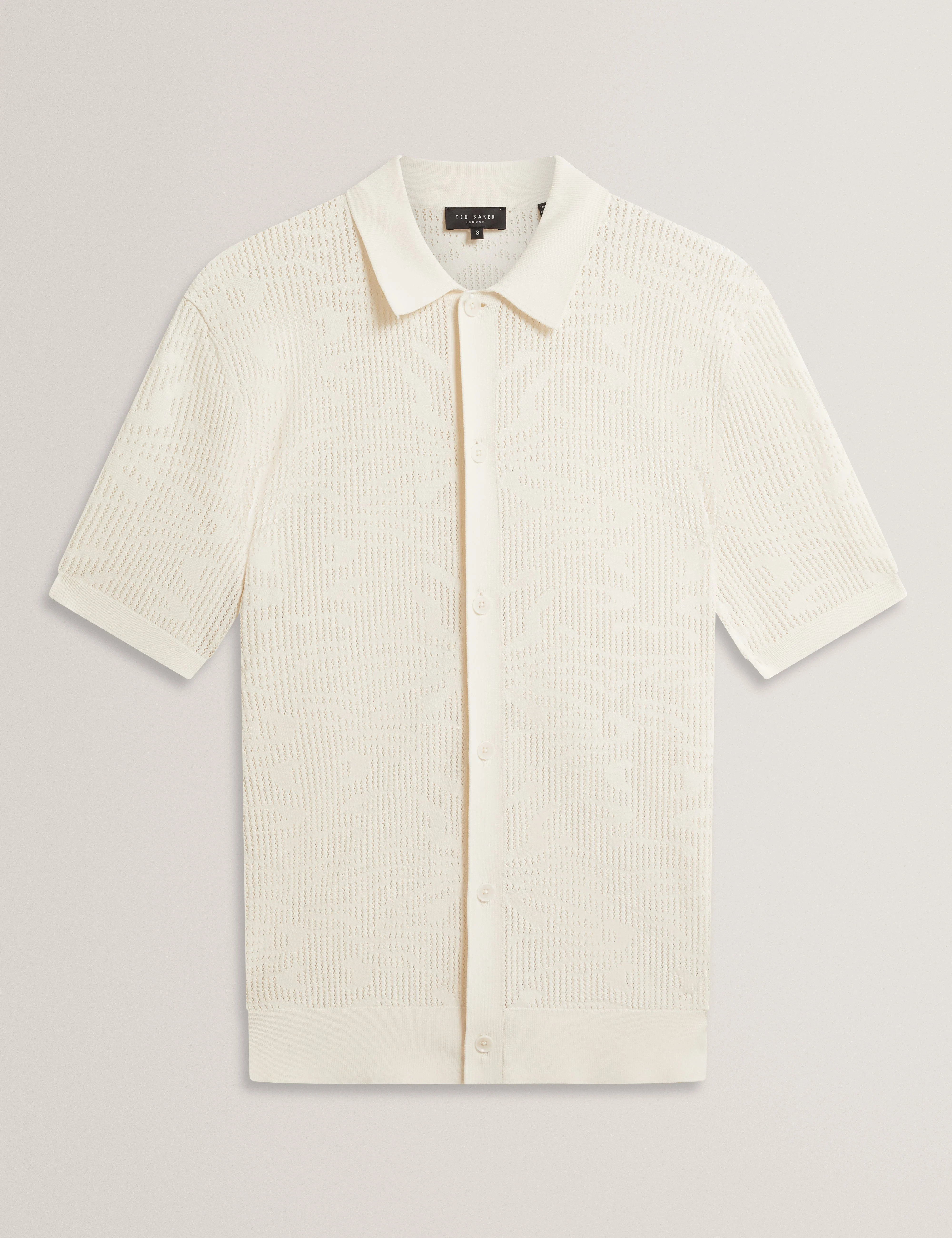 Jorien Short Sleeve Crochet Stitch Button Through Polo Ecru - Image 6