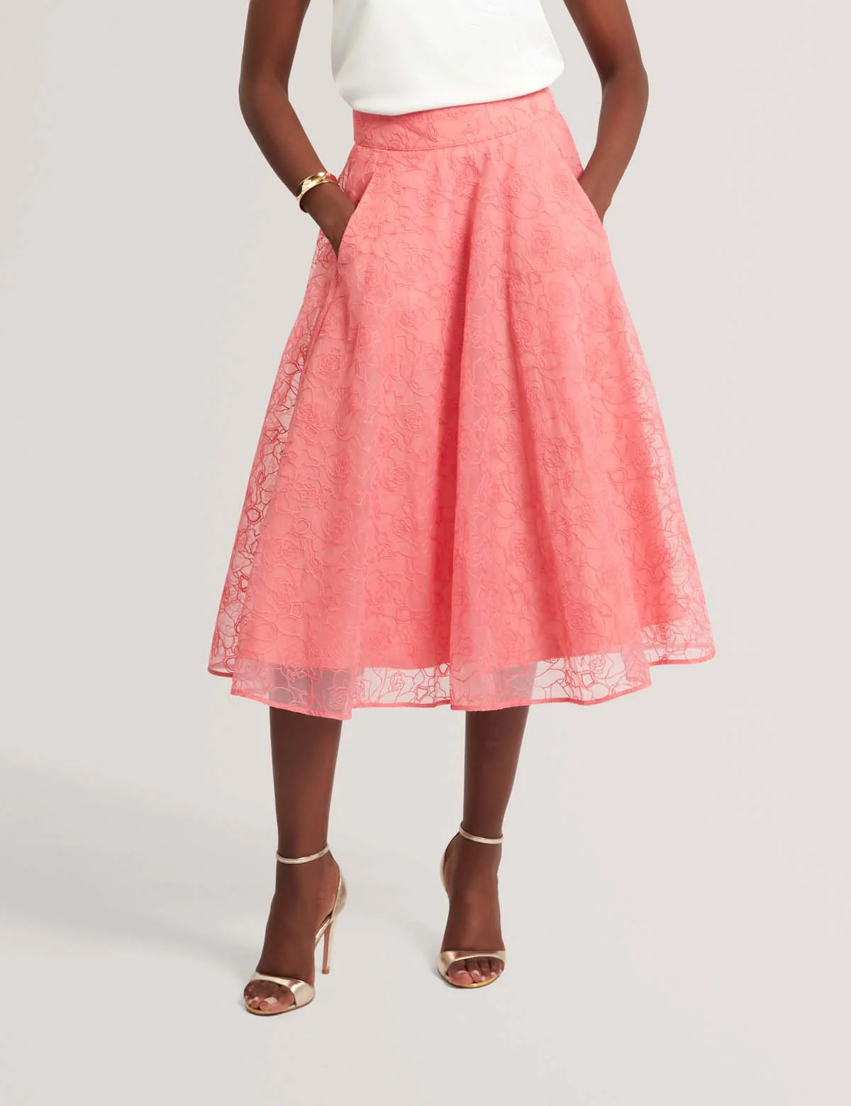 Krizie Embroidered Organza Midi Skirt Coral - Image 2
