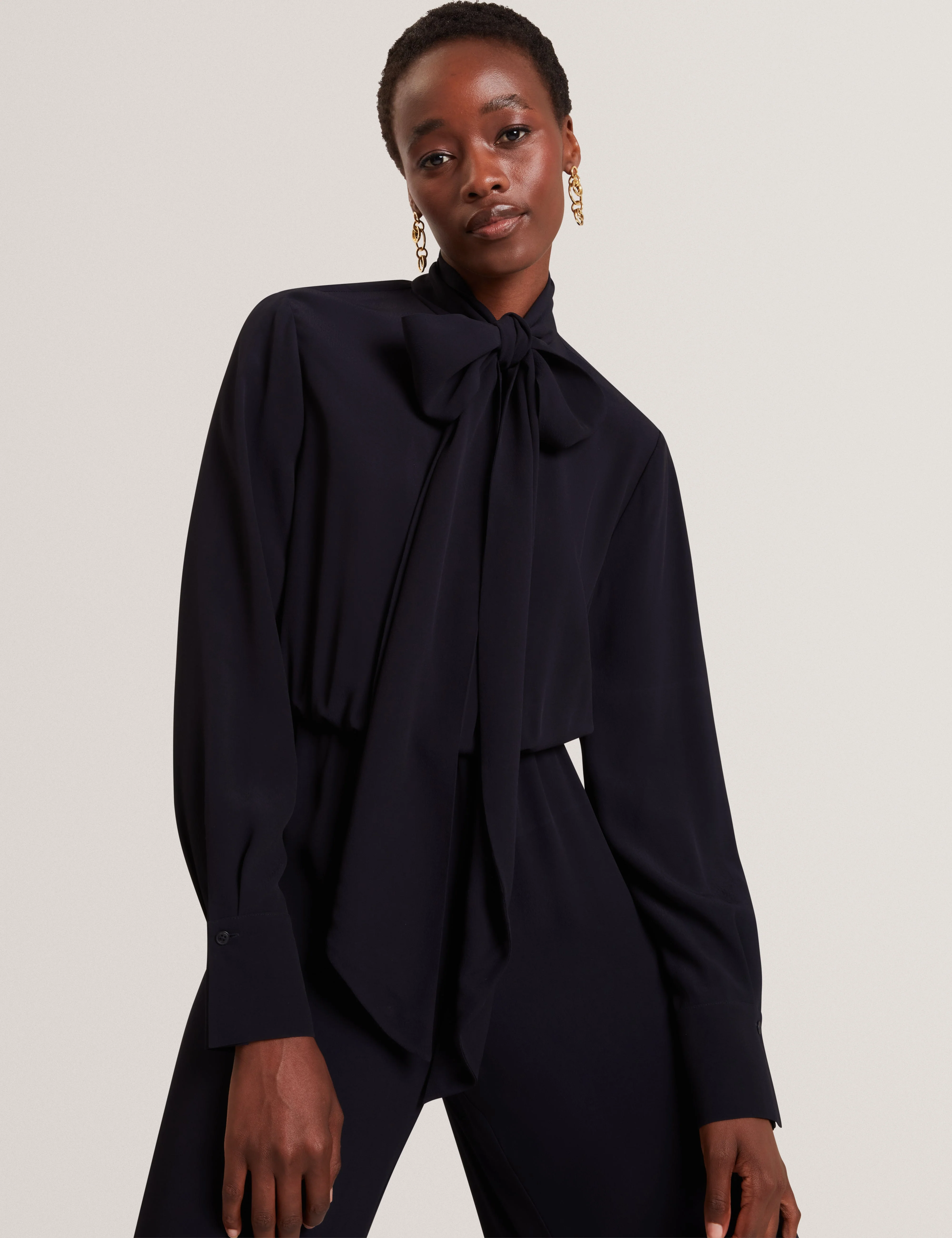 Kyrabe Cravat Tie Neck Shirt Wide Leg Jumpsuit Navy - Image 2