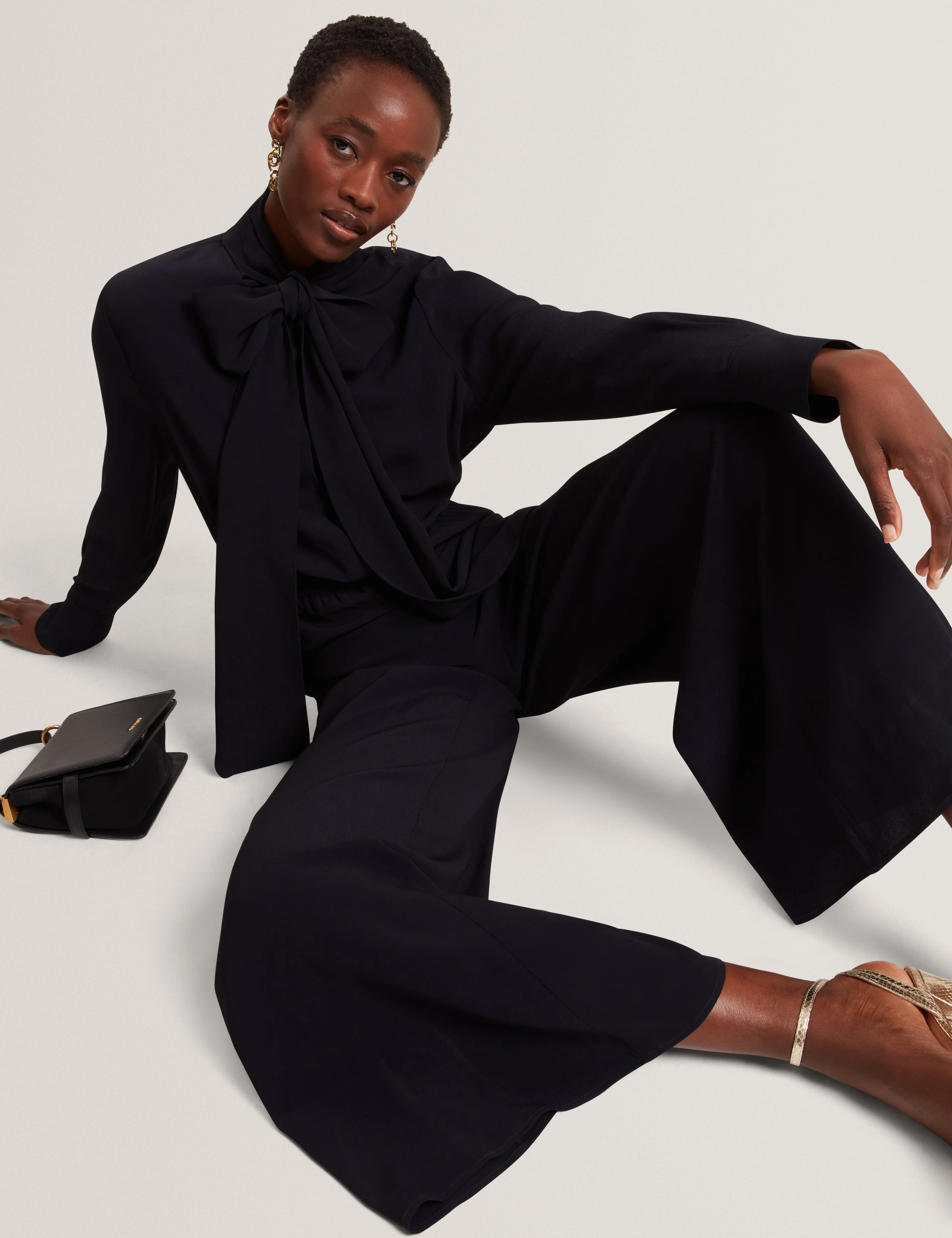 Kyrabe Cravat Tie Neck Shirt Wide Leg Jumpsuit Navy - Image 6