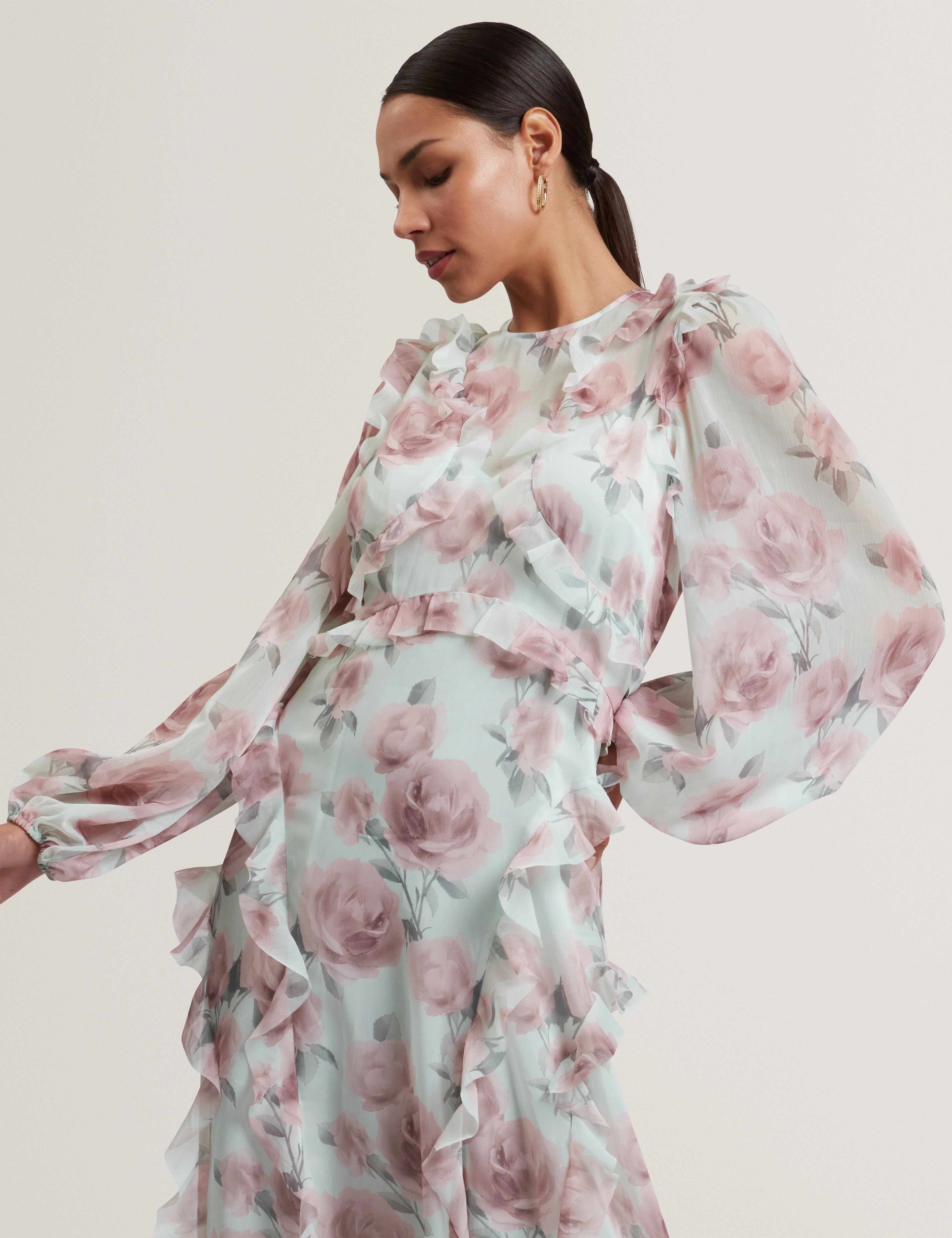 Latiia Long Sleeve Waterfall Ruffle Midi Dress Pl-Green - Image 2