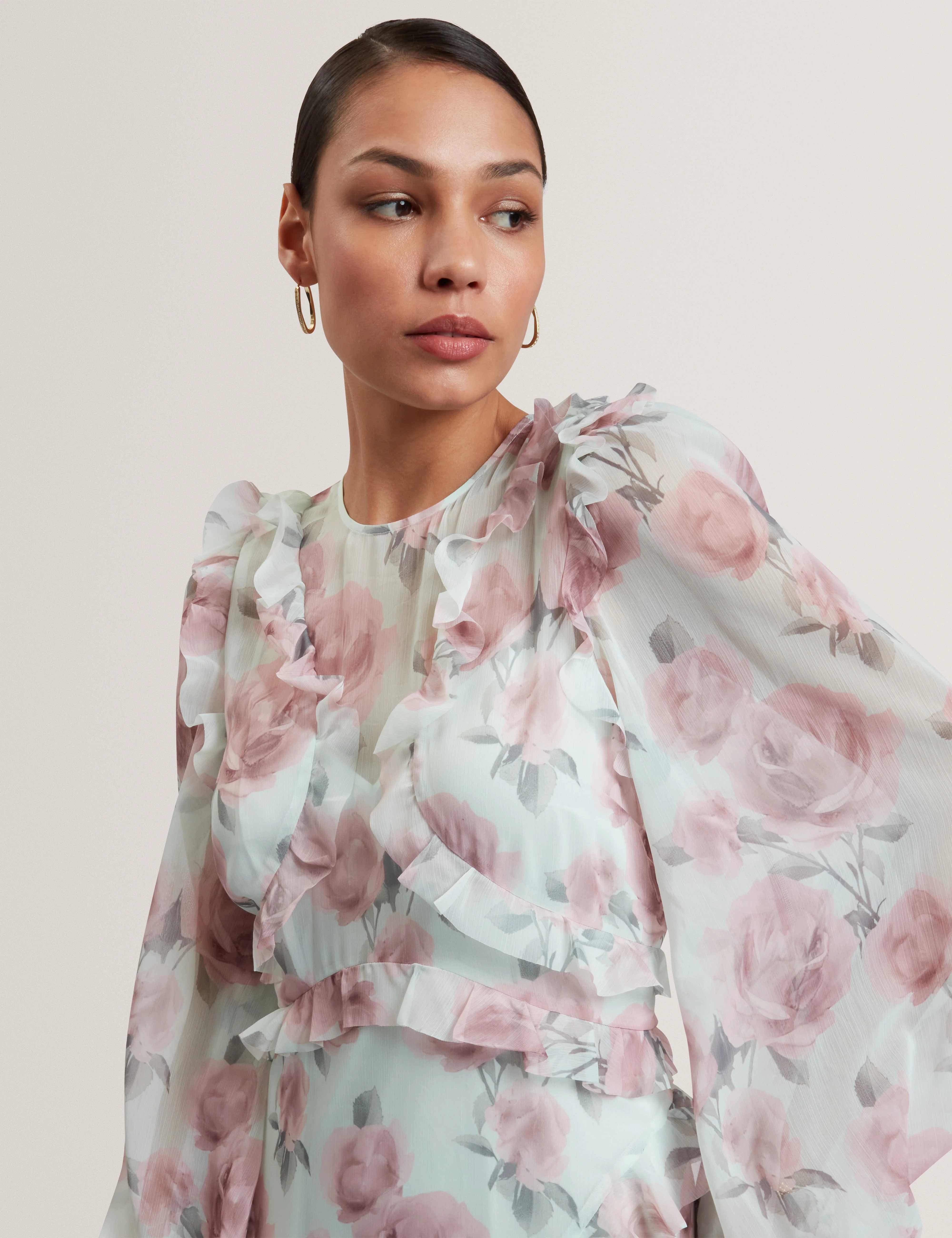 Latiia Long Sleeve Waterfall Ruffle Midi Dress Pl-Green - Image 4