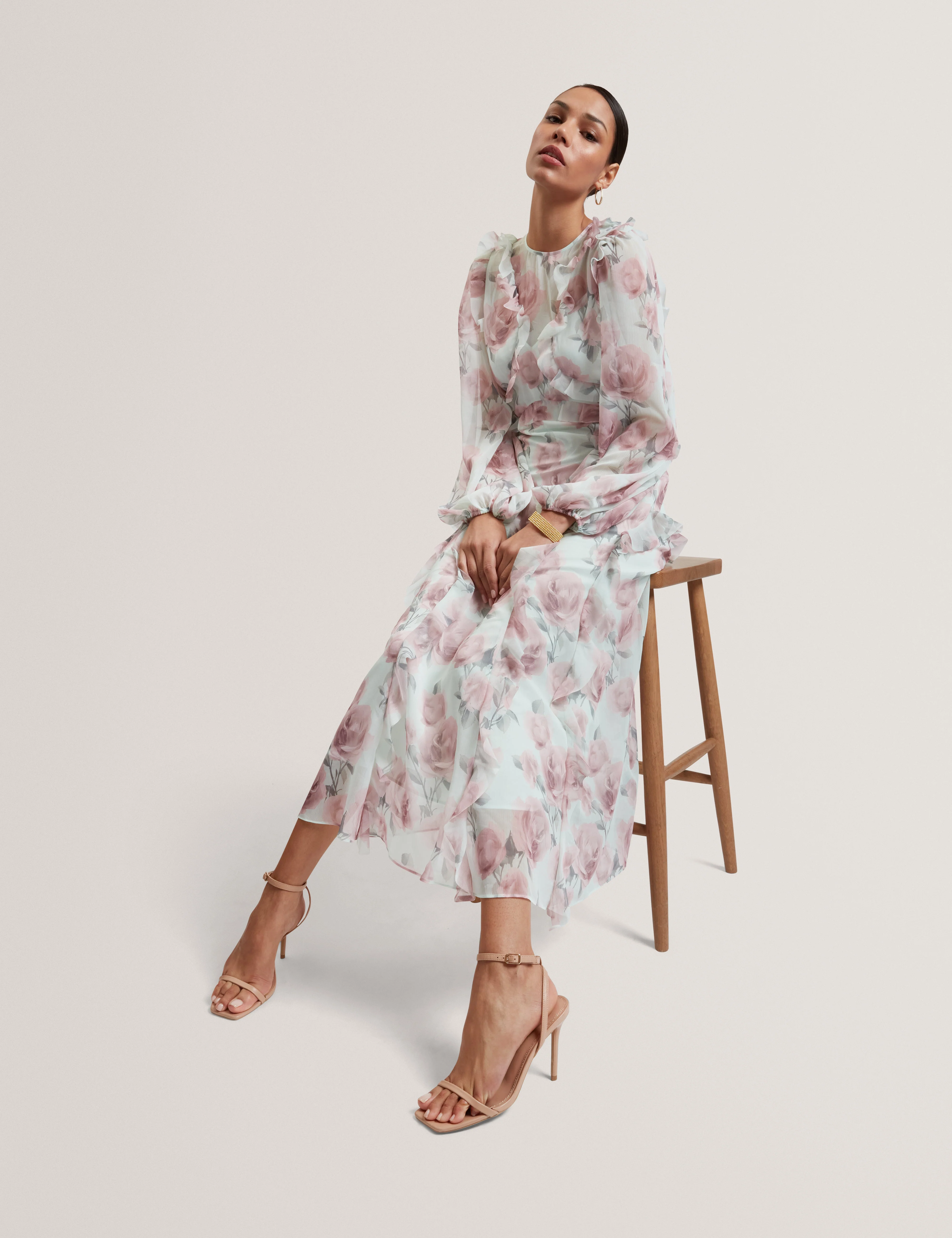 Latiia Long Sleeve Waterfall Ruffle Midi Dress Pl-Green - Image 6