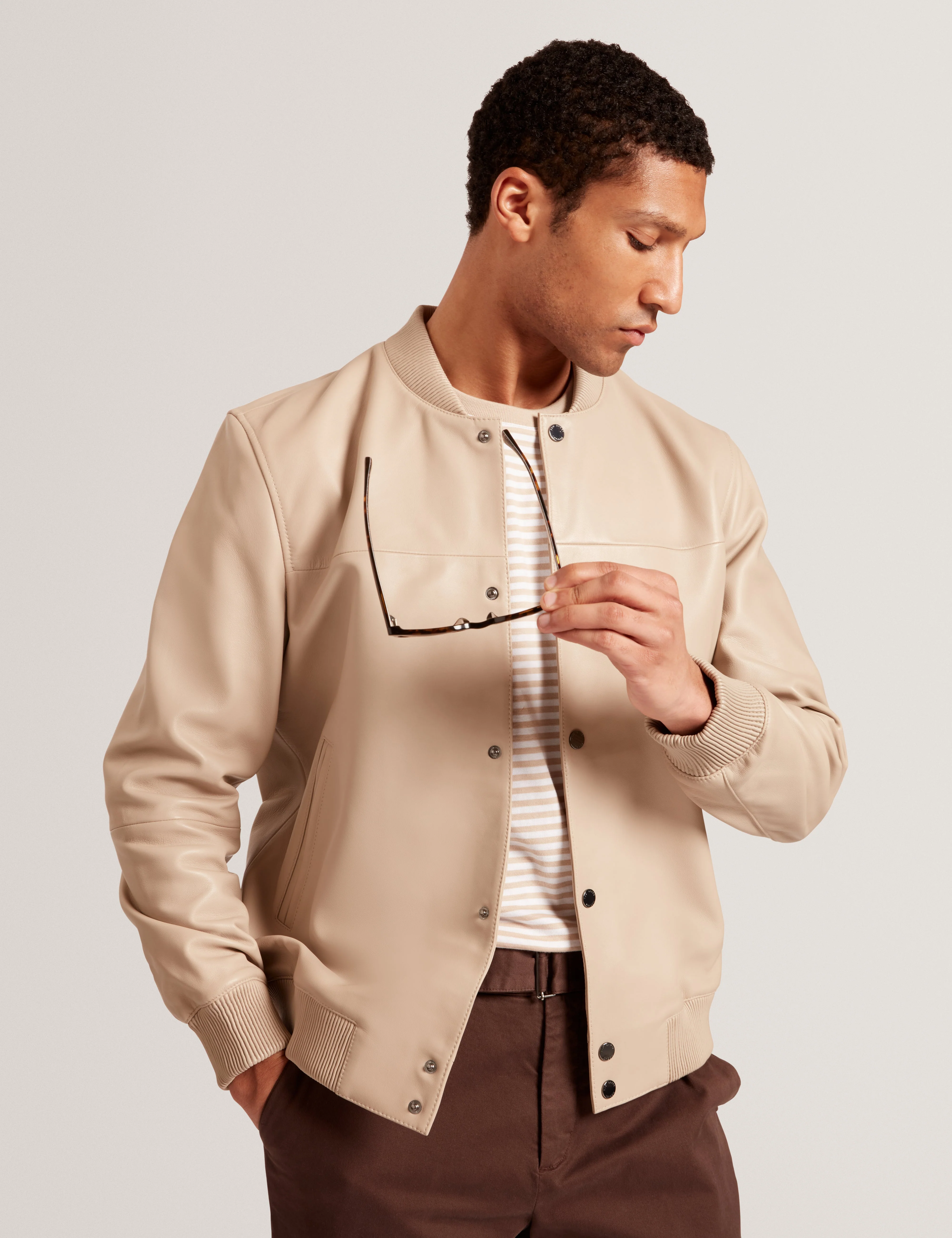 Leeams Leather Varsity Jacket Taupe
