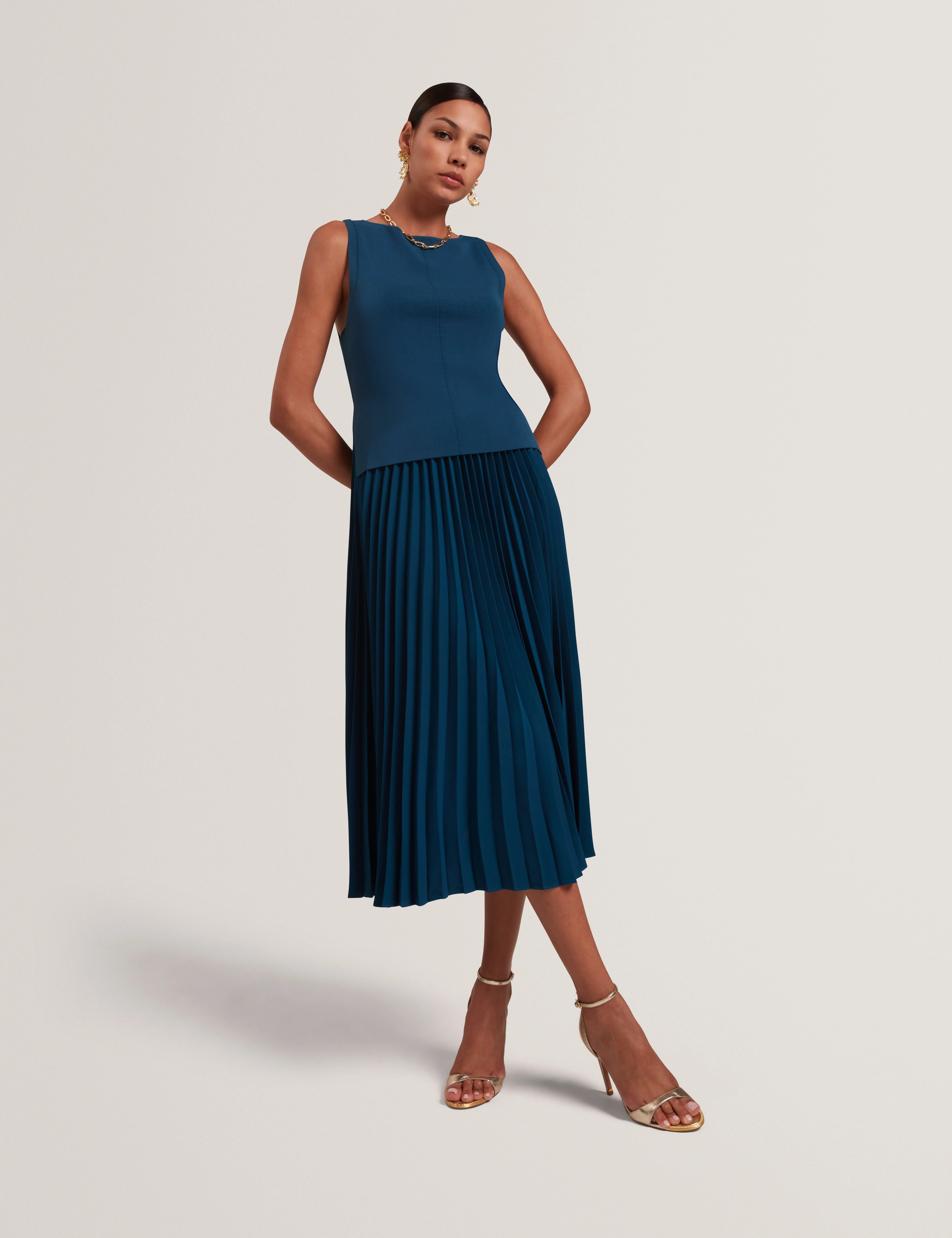 Leeyama 2 In 1 Knit Top With Pleat Cami Dress Dk-Blue