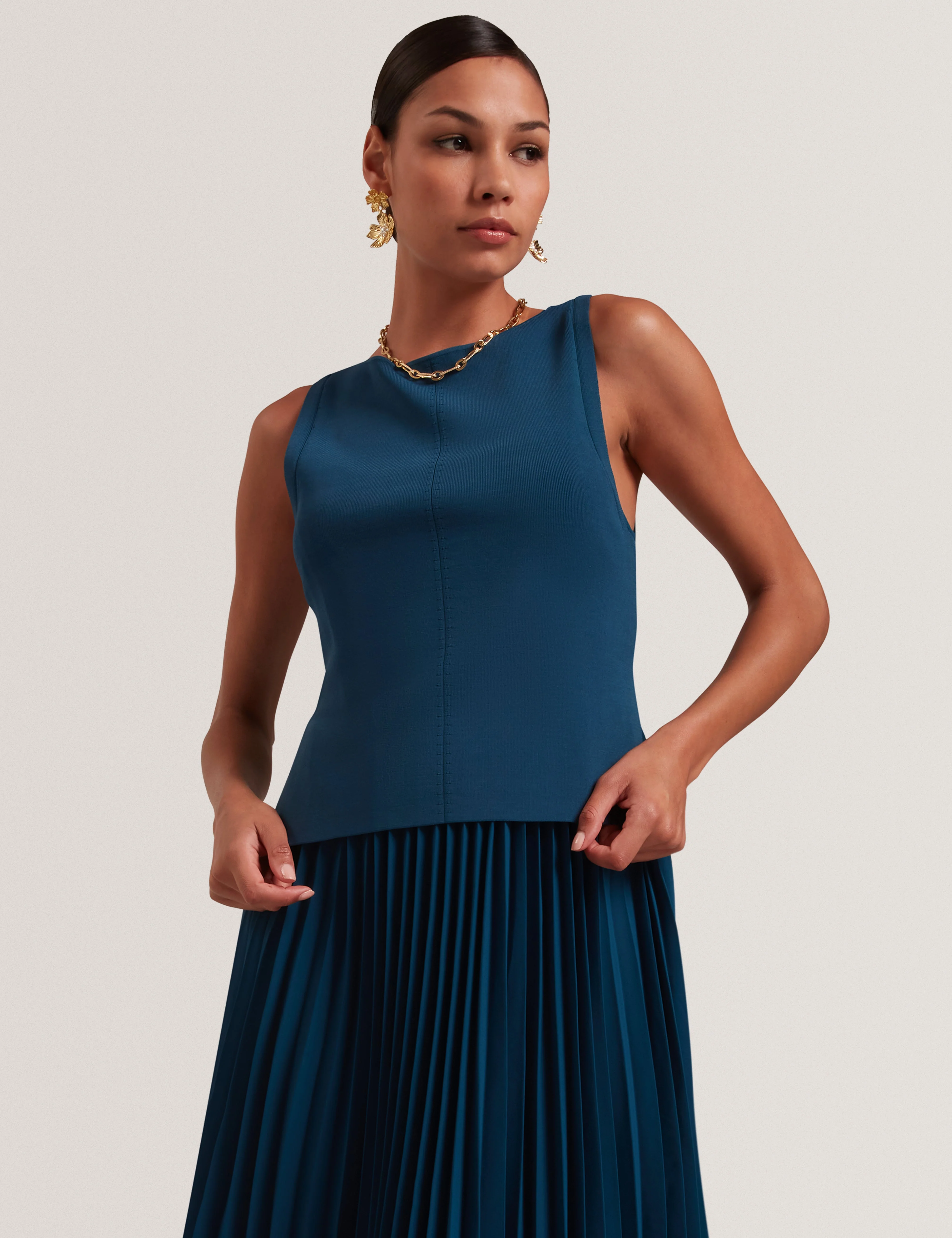 Leeyama 2 In 1 Knit Top With Pleat Cami Dress Dk-Blue - Image 2