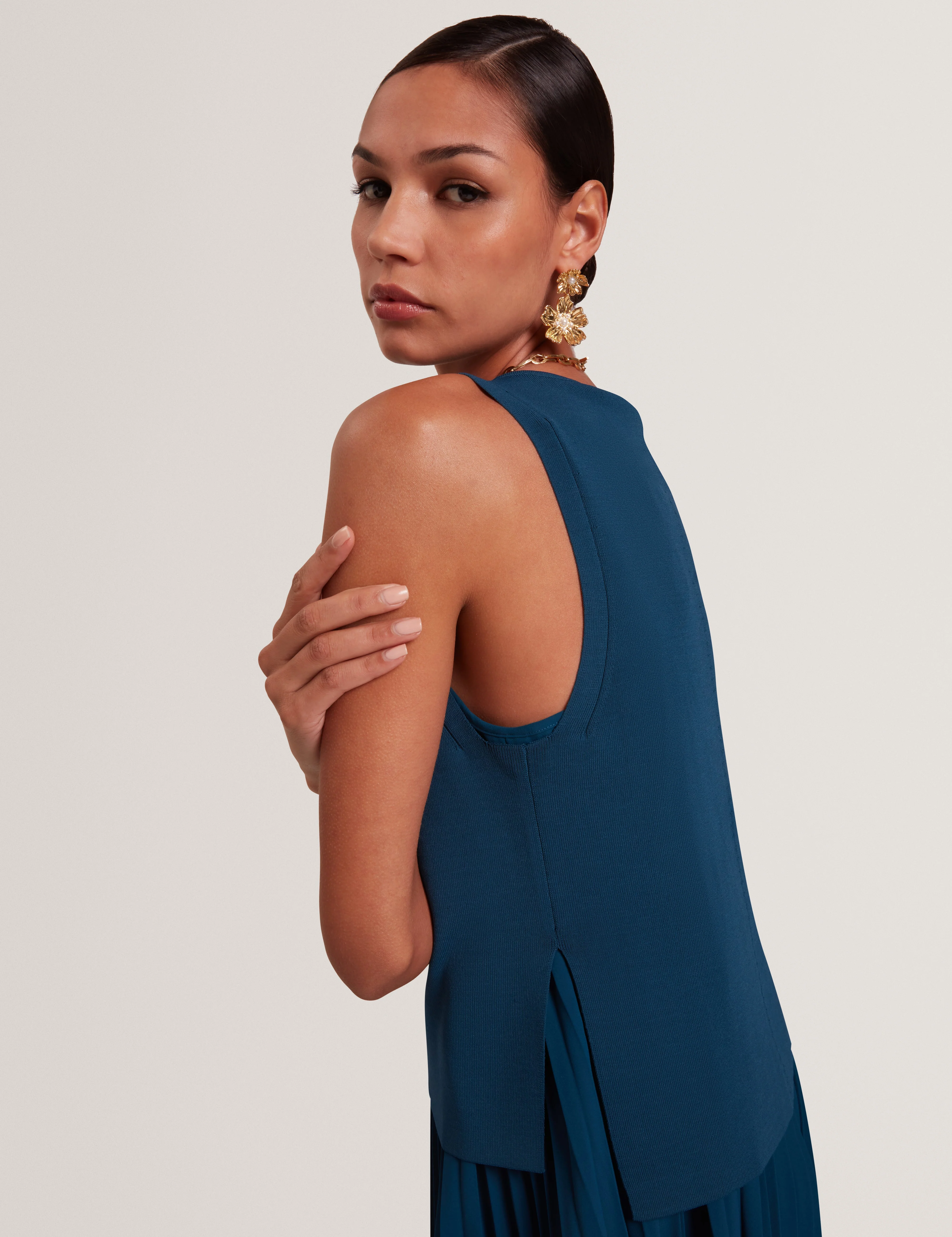 Leeyama 2 In 1 Knit Top With Pleat Cami Dress Dk-Blue - Image 4