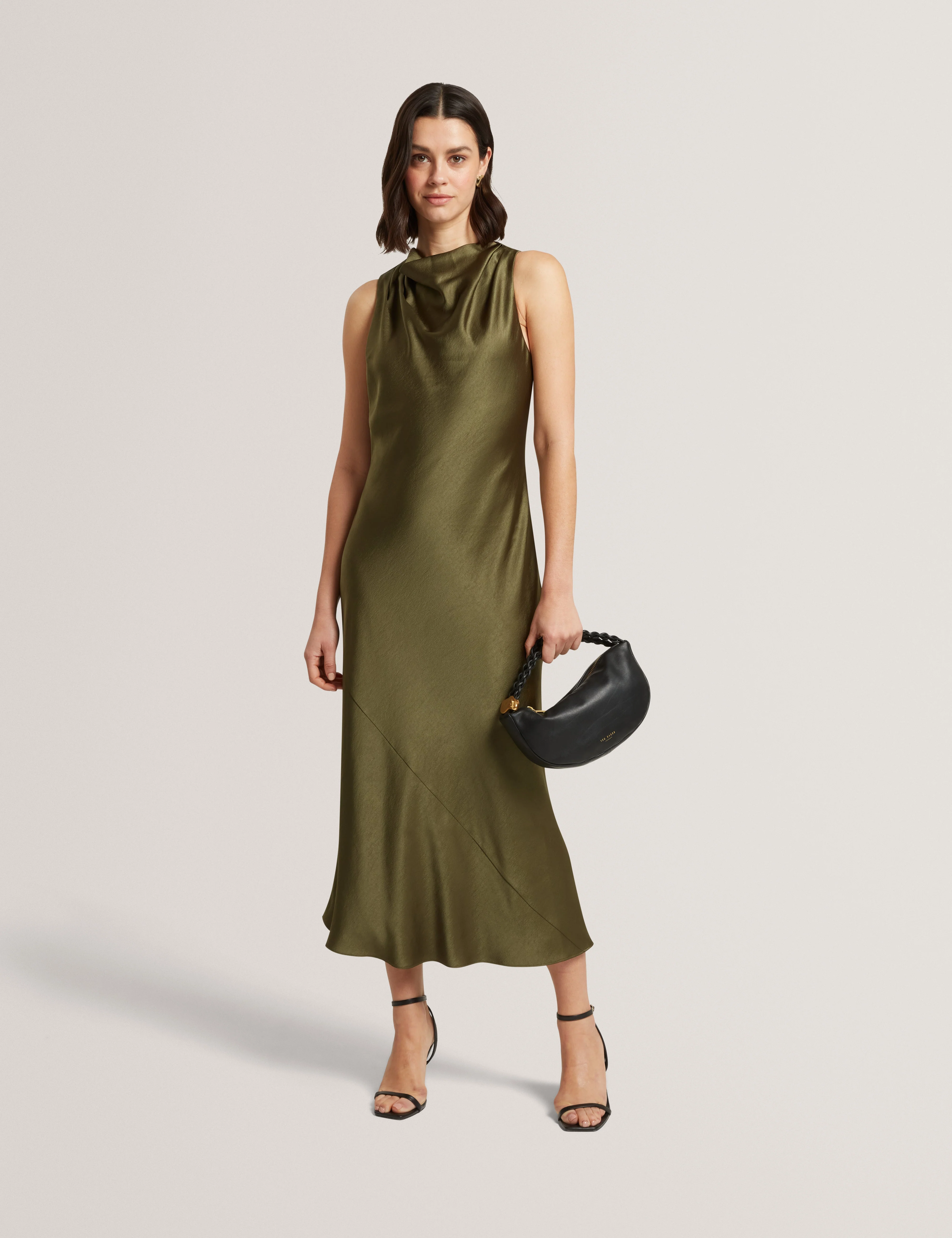 Liimaa Drape Neck Midi Dress Khaki
