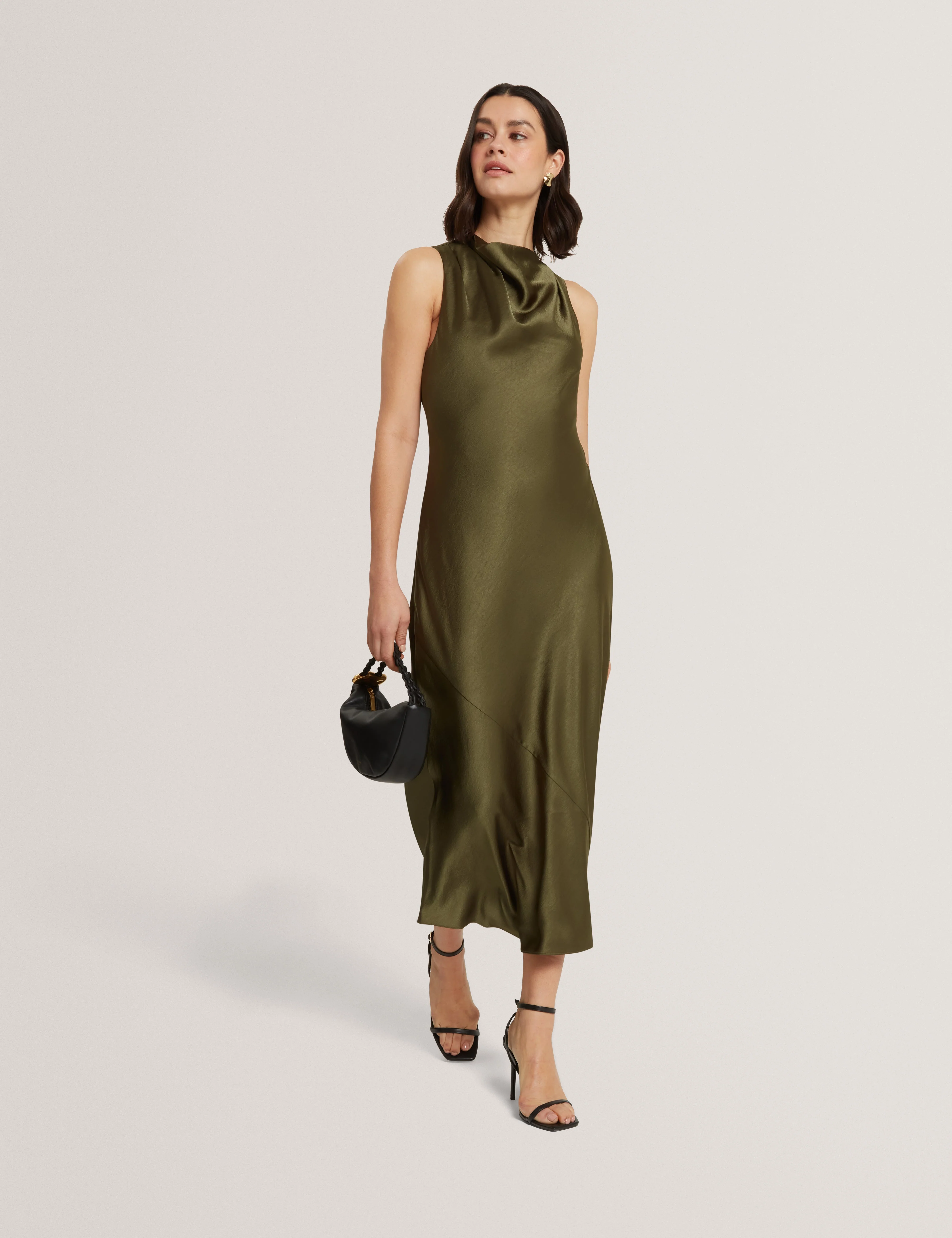 Liimaa Drape Neck Midi Dress Khaki - Image 6