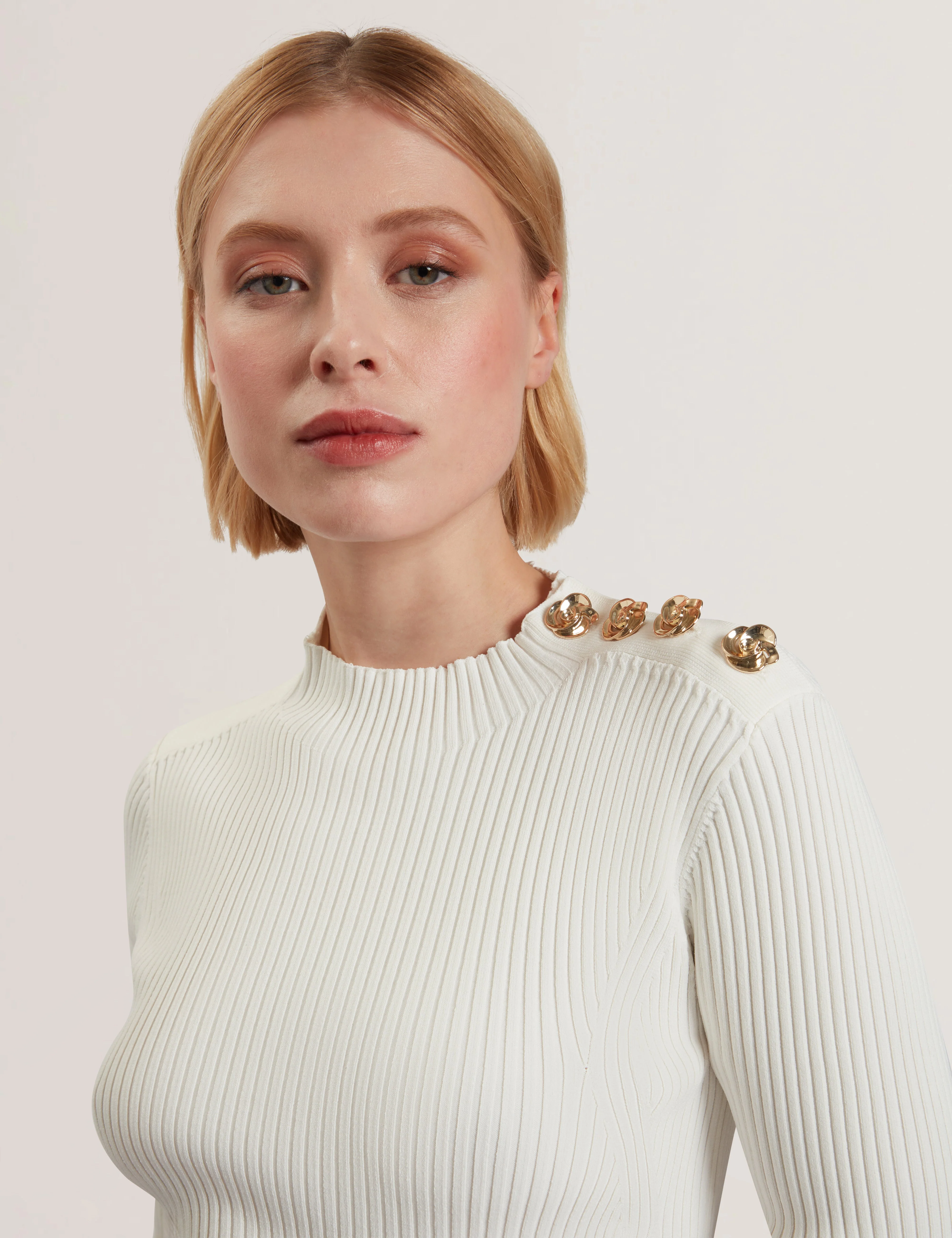 Lilano Ribbed Knit Button Detail Skater Dress Ivory - Image 3