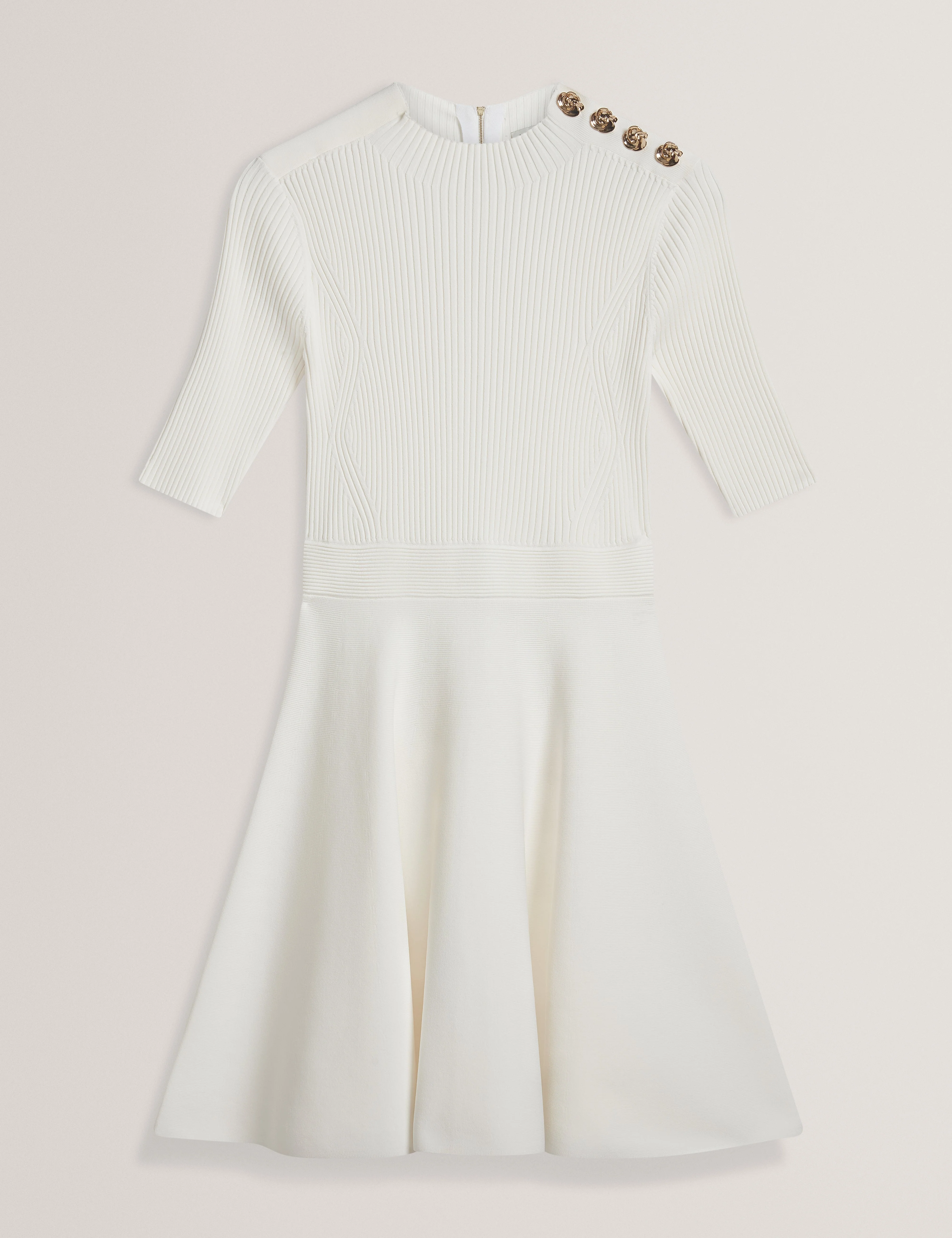 Lilano Ribbed Knit Button Detail Skater Dress Ivory - Image 5